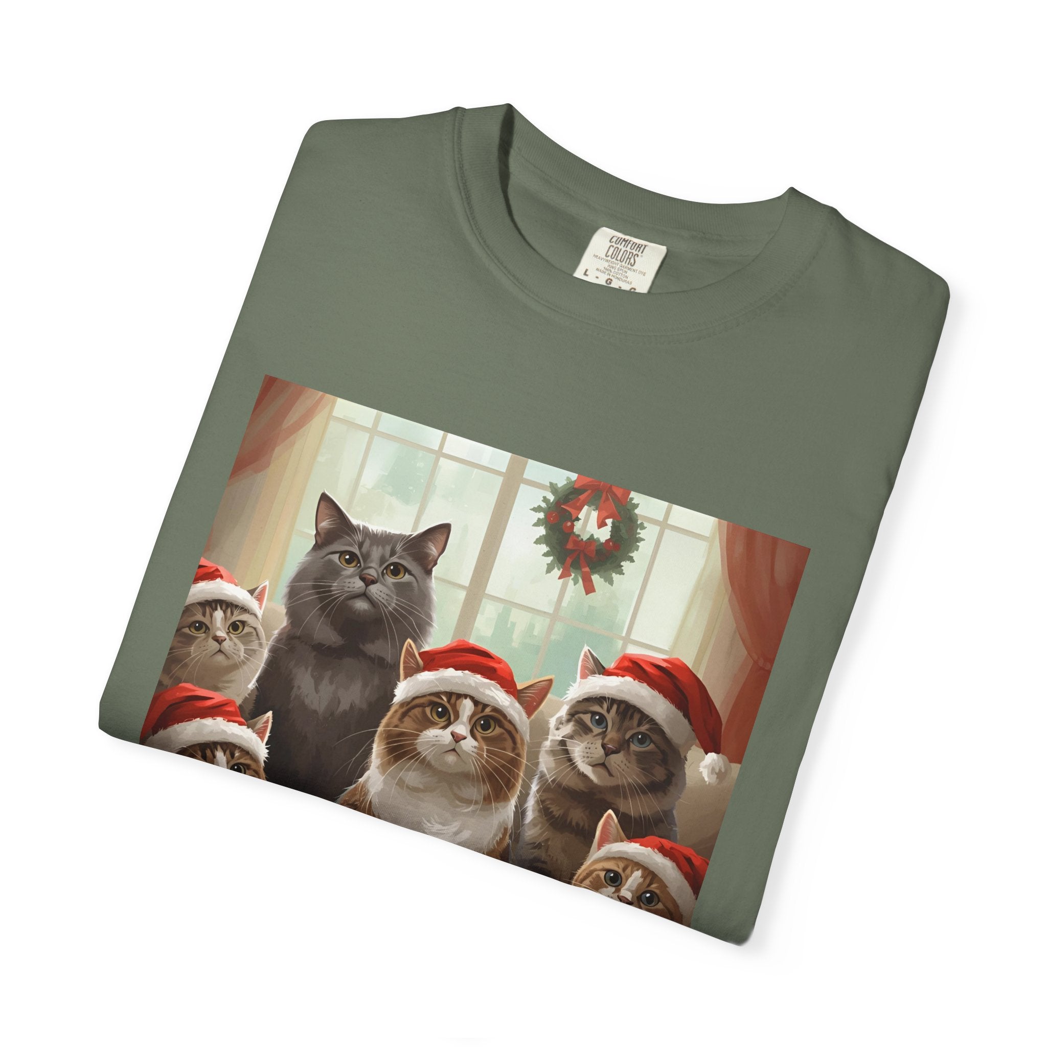 Cute Festive Funny Christmas Cat T-Shirt, Holiday Gift for Cat Lovers, Cute Tee for Winter, Unisex Garment-Dyed Shirt, Christmas Apparel, Festive Outfit