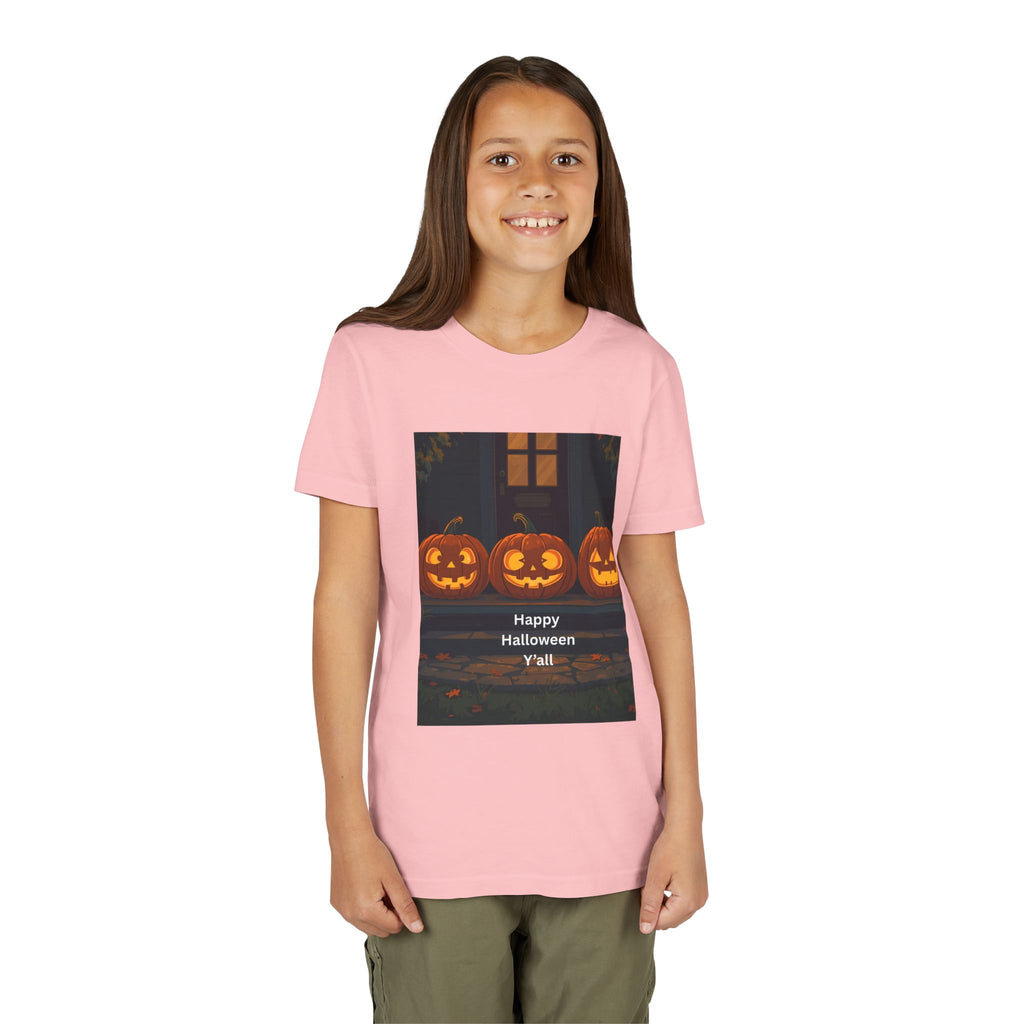Halloween Pumpkin Youth Tee, Jack-o'-lantern Shirt, Trick or Treat Apparel, Spooky Kids T-Shirt, Halloween Costume Top