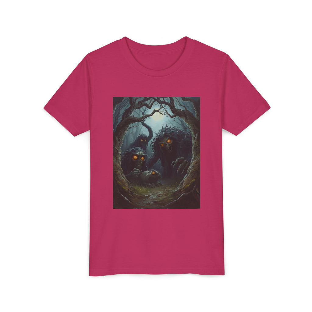 Spooky Mystical Forest Creatures Youth Tee, Cool Graphic T-Shirt, Kids Nature Shirt, Unique Gift for Boys & Girls, Perfect for Halloween