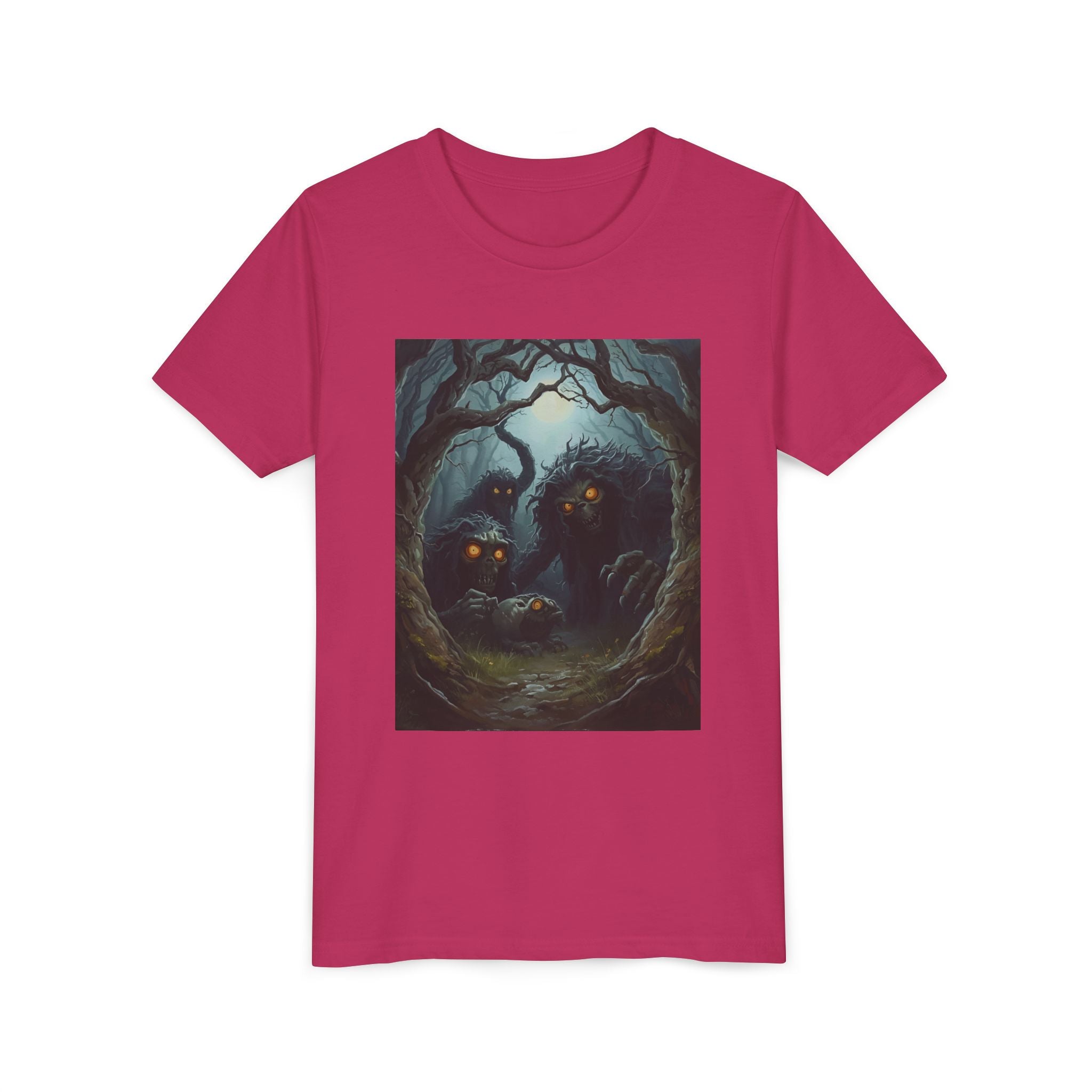 Spooky Mystical Forest Creatures Youth Tee, Cool Graphic T-Shirt, Kids Nature Shirt, Unique Gift for Boys & Girls, Perfect for Halloween