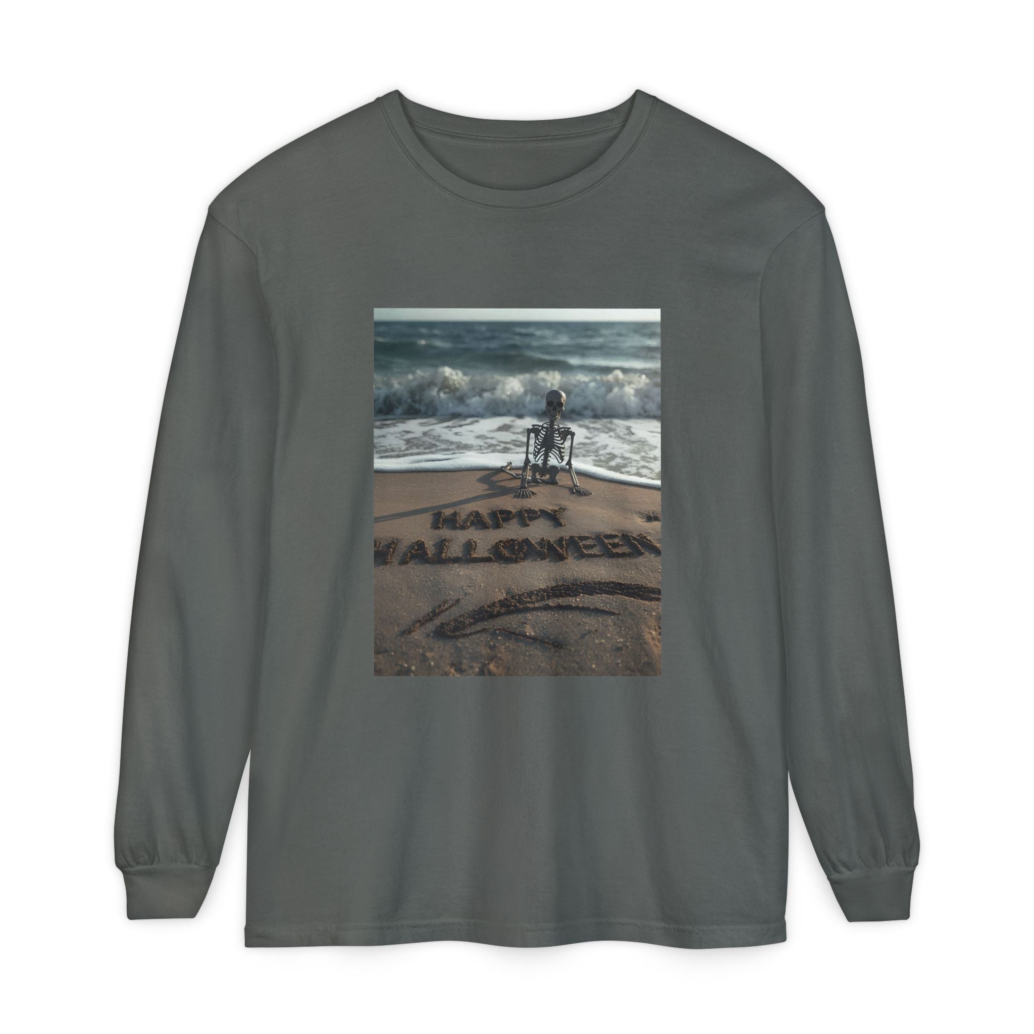 Happy Halloween Beach Skeleton Vibes Unisex Garment-dyed Long Sleeve T-Shirt
