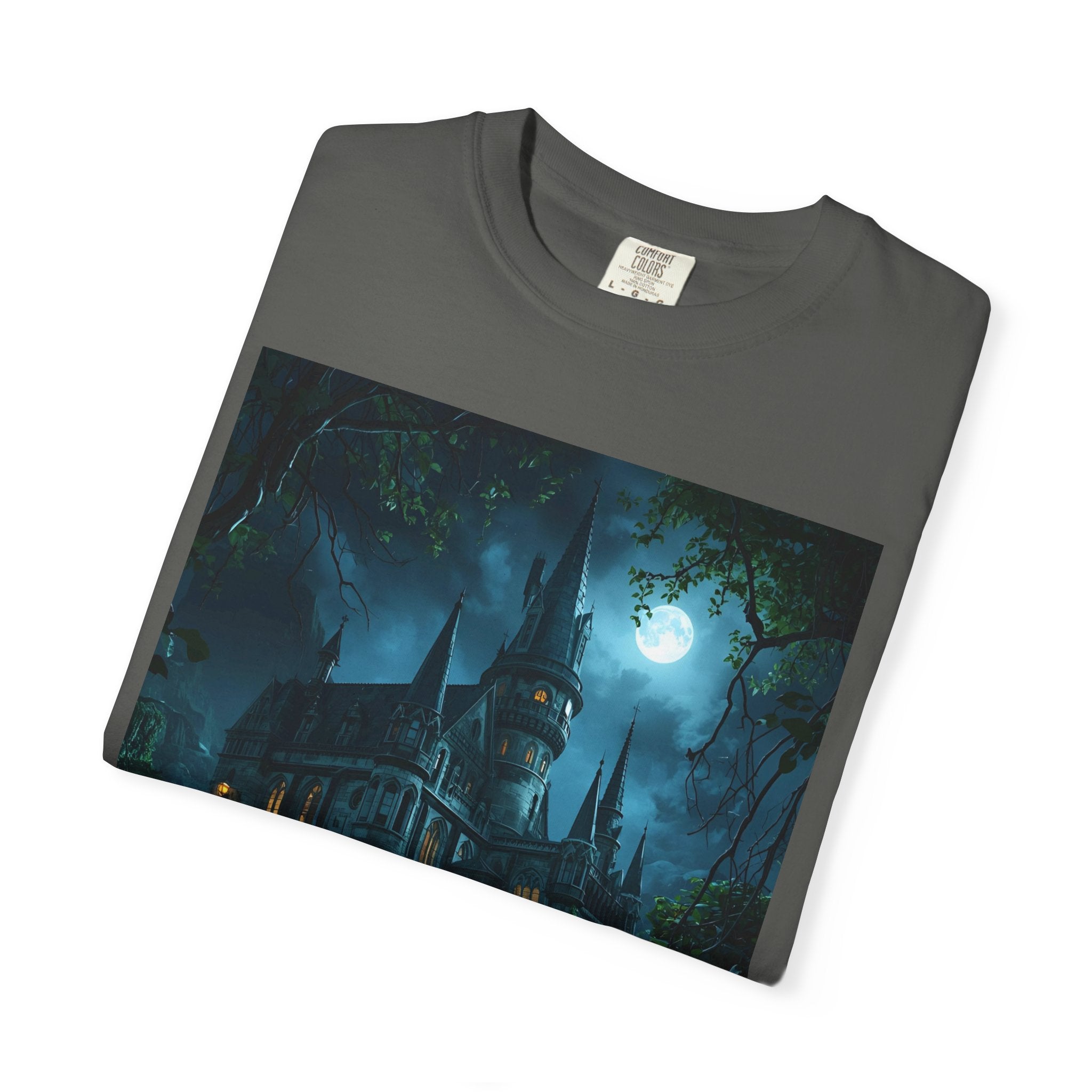 Mystical Night Scene Castle T-Shirt, Spooky Tees, Halloween Apparel, Gothic Style Shirt, Unisex Shirt, Nighttime Scene Tee