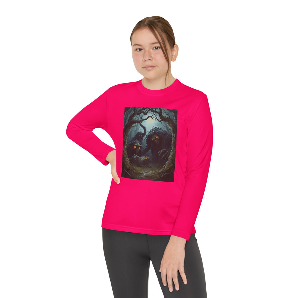 Spooky Forest Creatures Youth Long Sleeve Tee with Enchanted Forest Design, Comfortable Unisex T-Shirt for All Seasons, Perfect for Halloween and Nature Lovers