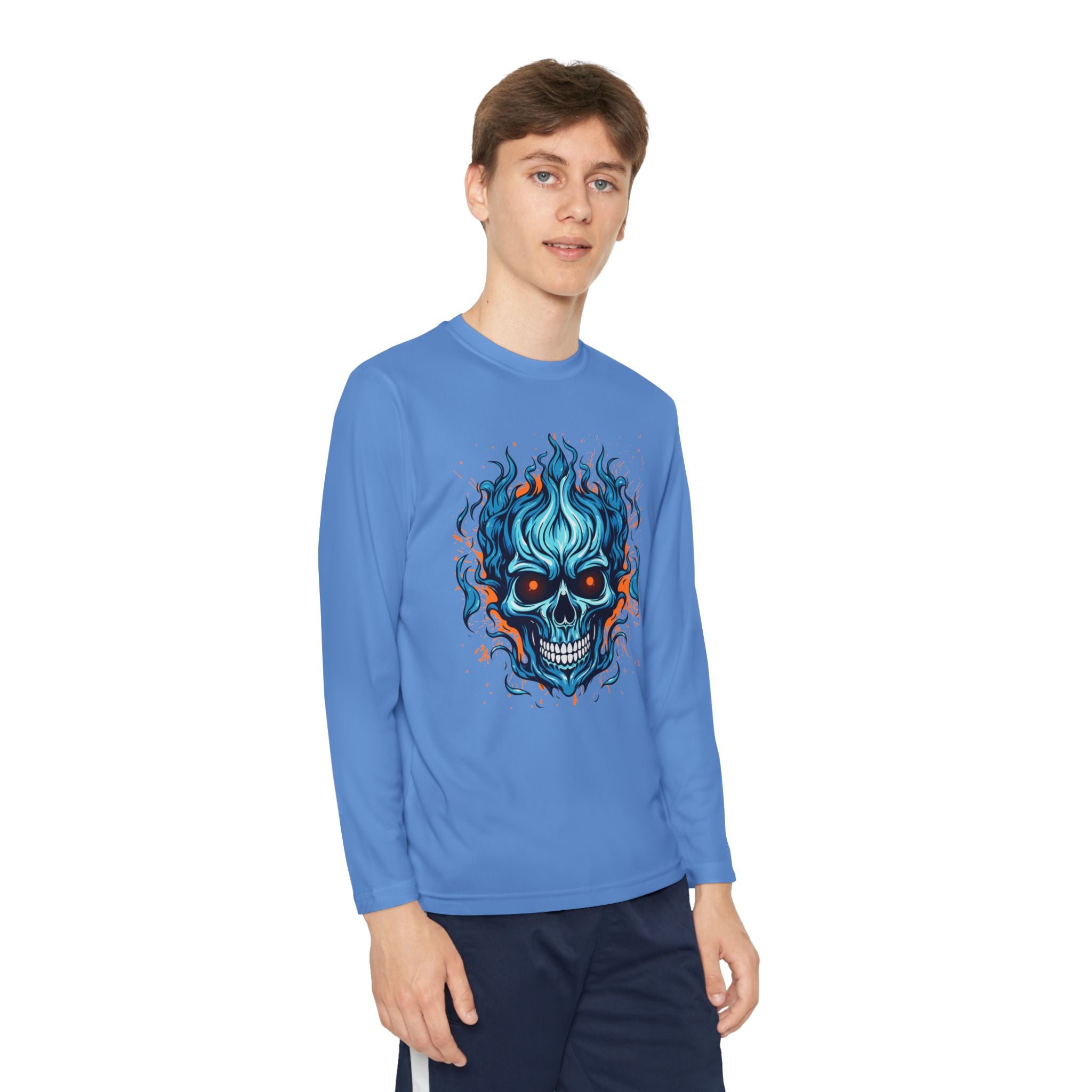 Skull Flame Youth Long Sleeve Skull Tee, Perfect for Halloween, Edgy Gift for Teens, Cozy Casual Wear, Skull Art Graphic Tee, Unique Birthday Present