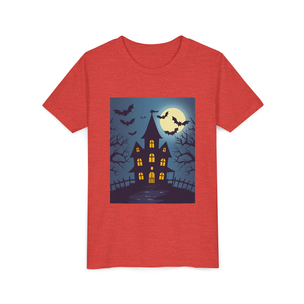 Spooky Halloween Haunted House Youth Tee, Kids Ghost T-Shirt, Haunted House Apparel, Bat Design Shirt, Trick or Treat Clothing