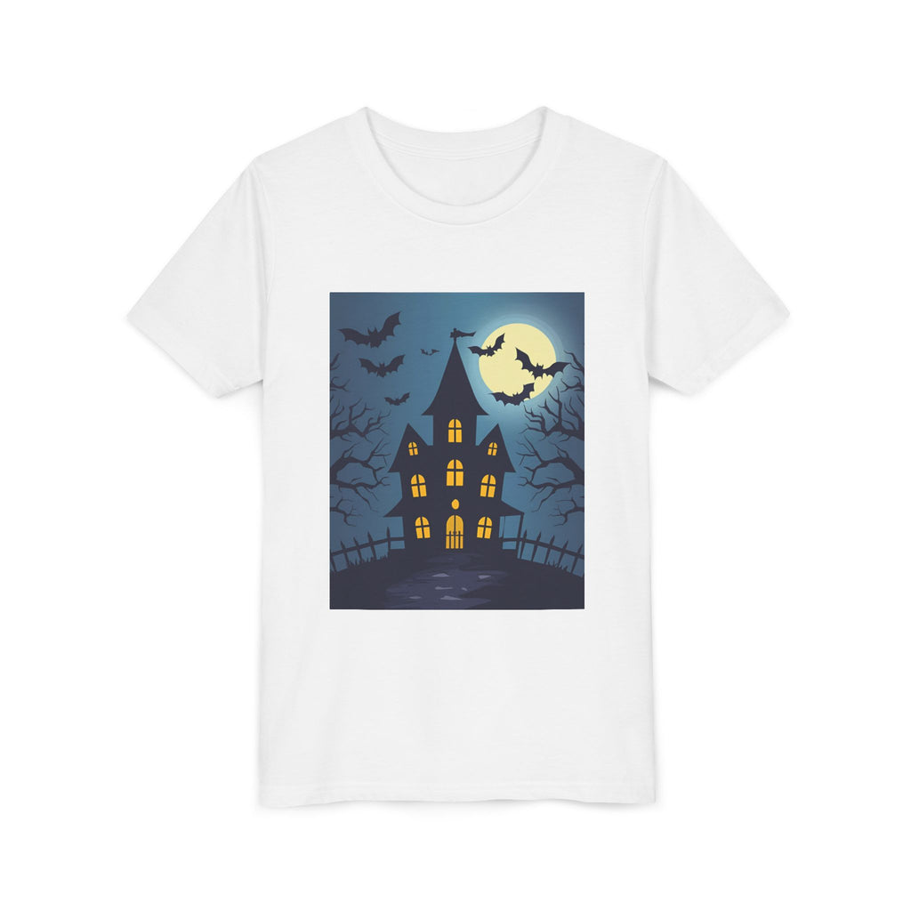 Spooky Halloween Haunted House Youth Tee, Kids Ghost T-Shirt, Haunted House Apparel, Bat Design Shirt, Trick or Treat Clothing