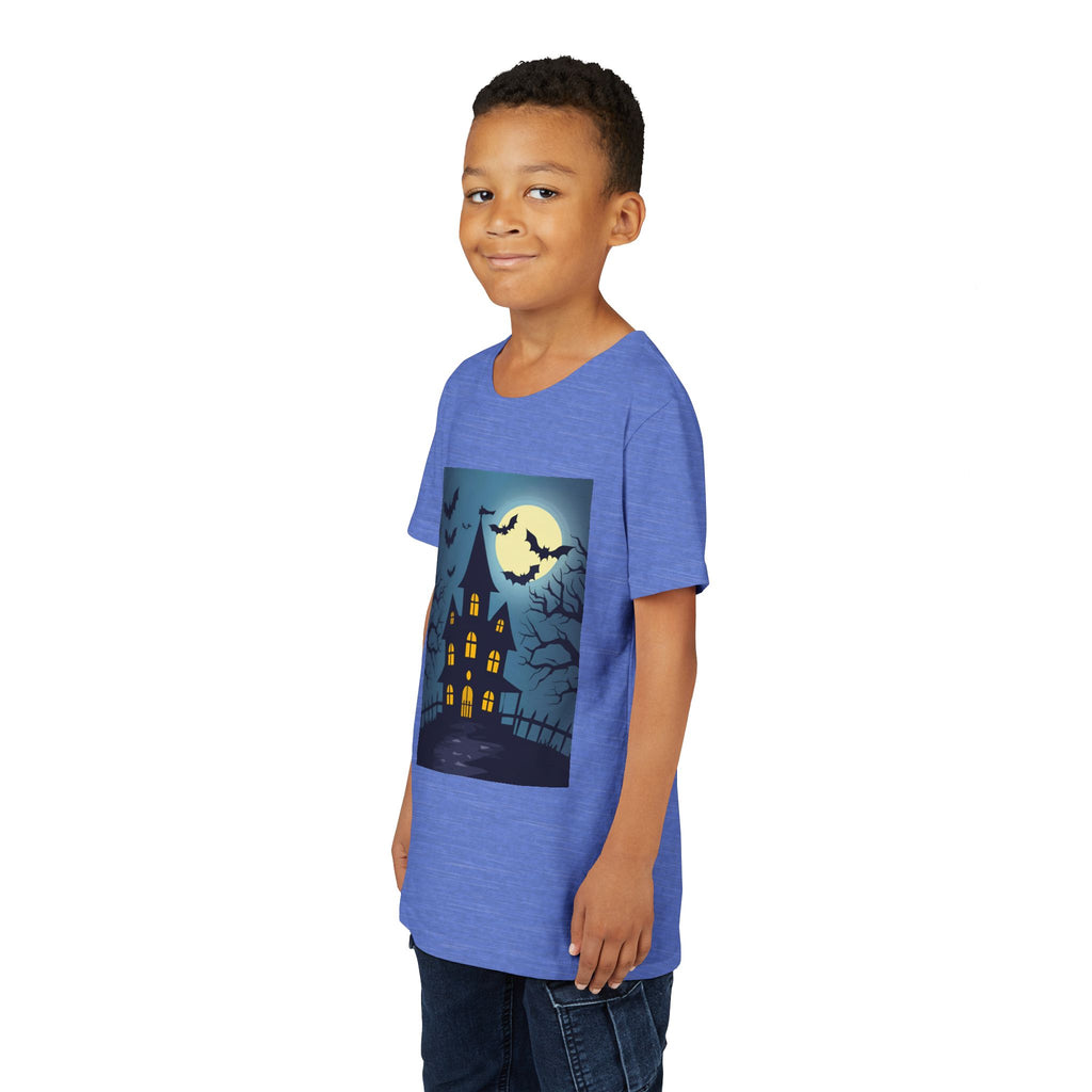 Spooky Halloween Haunted House Youth Tee, Kids Ghost T-Shirt, Haunted House Apparel, Bat Design Shirt, Trick or Treat Clothing