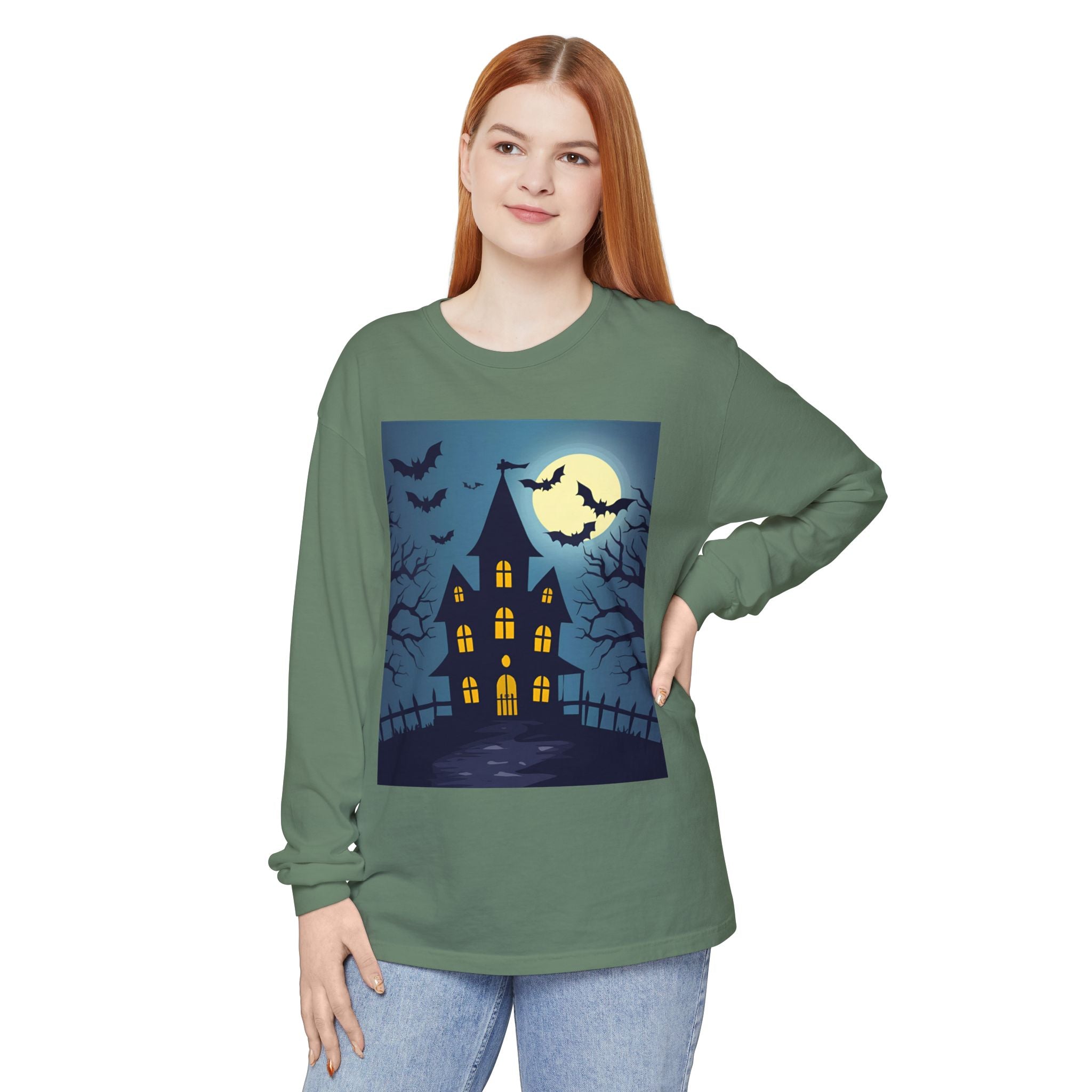 Haunted House Long Sleeve T-Shirt | Halloween Apparel, Fall Fashion, Spooky Shirt, Unisex Tee, Ghostly Vibes