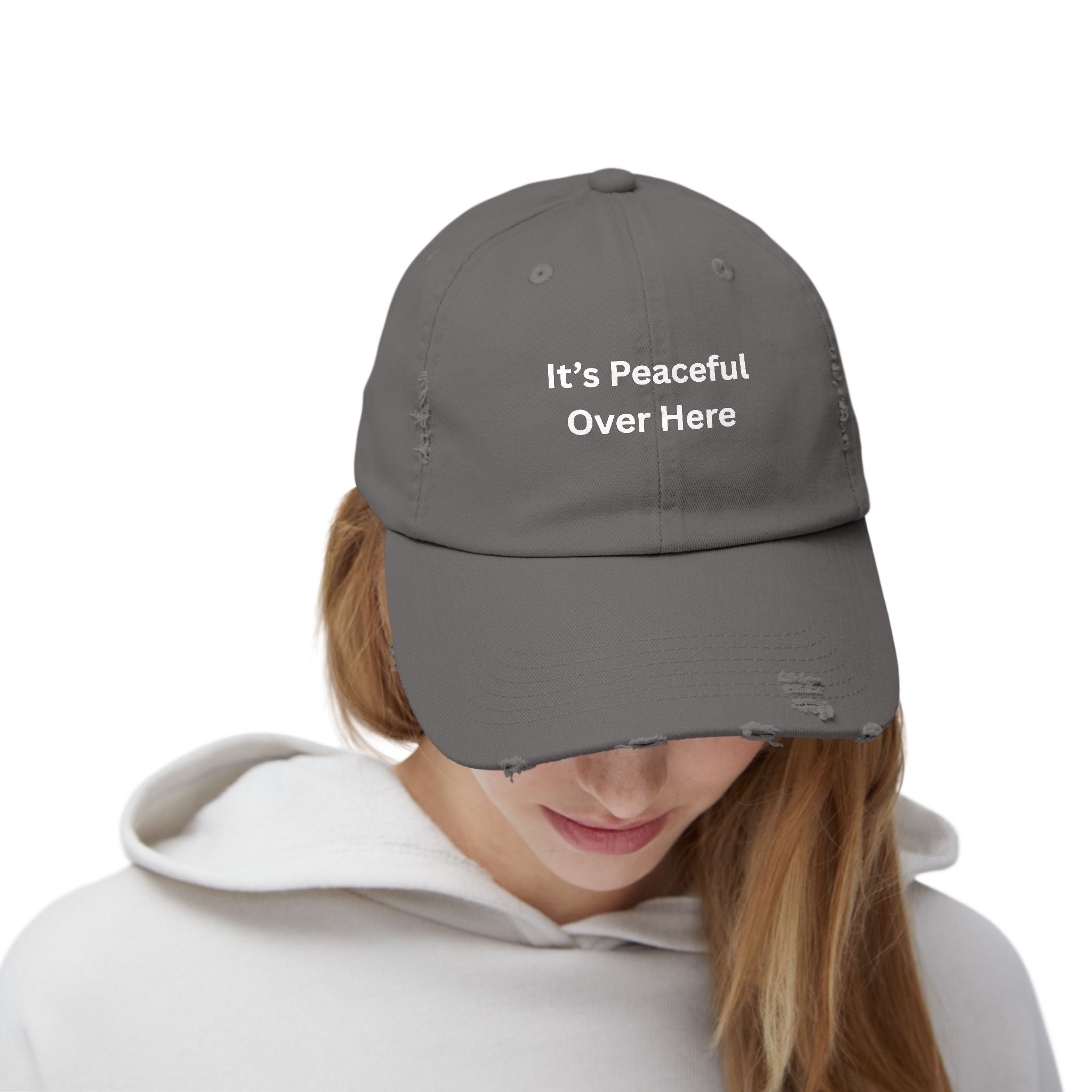 Unisex Distressed Cap with "It's Peaceful Over Here" - Casual Everyday Hat, Relaxation Gift, Trendy Accessory, Outdoor Wear, Fashion [...]