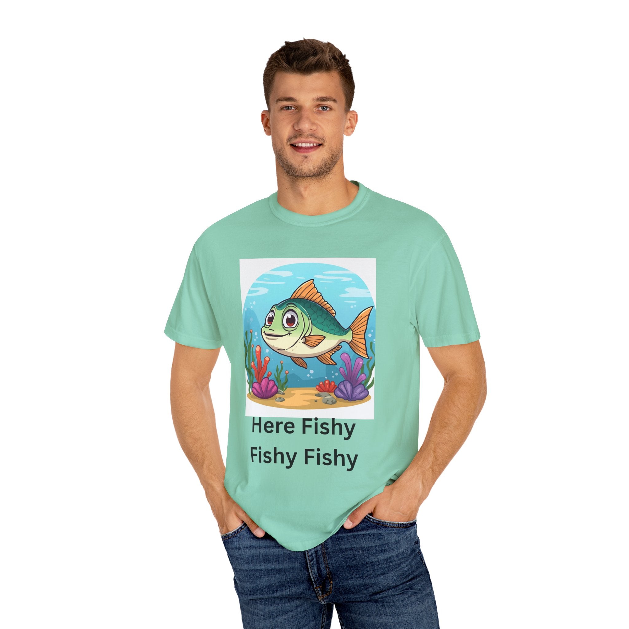 Here Fishy Fishy Fishy Colorful Fish-Themed Unisex T-Shirt, Fun Graphic Tee for Kids and Adults, Perfect for Summer, Fishing Trips, and Gift Giving