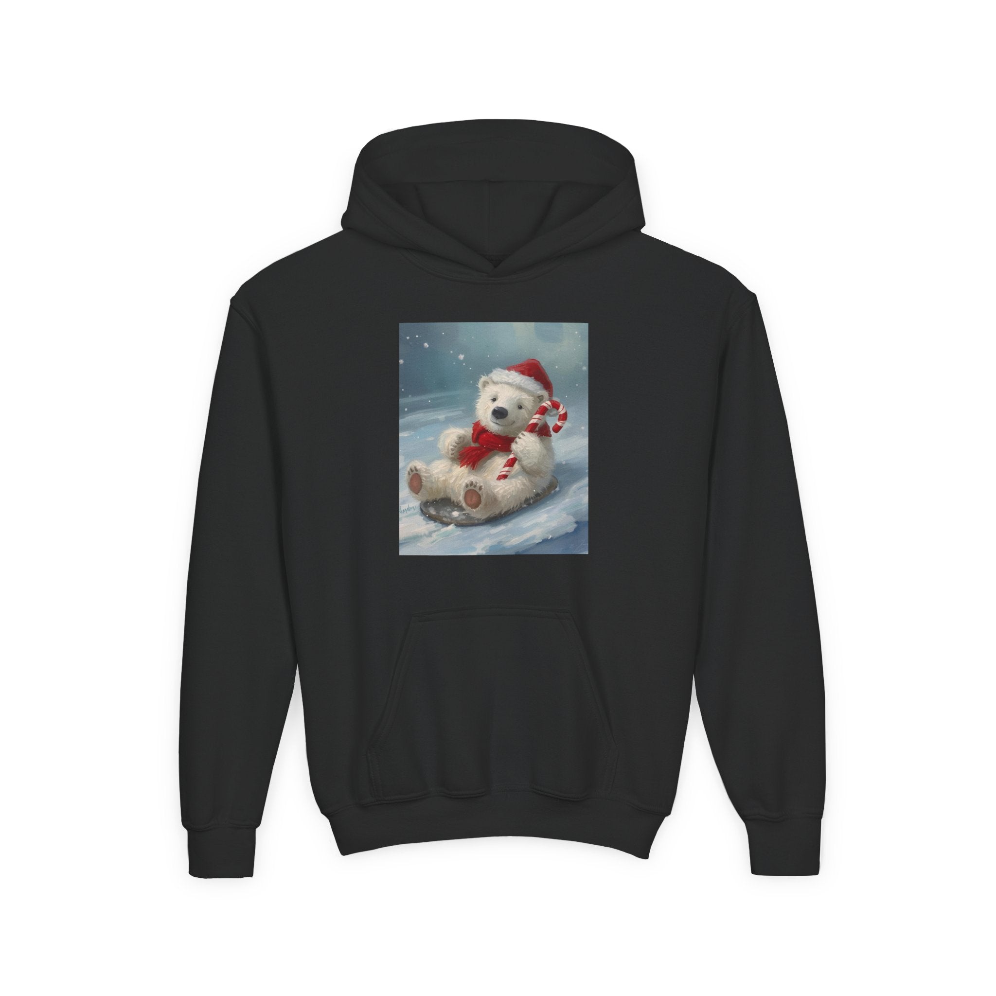 Cozy Christmas Bear Youth Hooded Sweatshirt, Winter Hoodie, Holiday Gift, Cute Sweatshirt for Kids, Festive Apparel