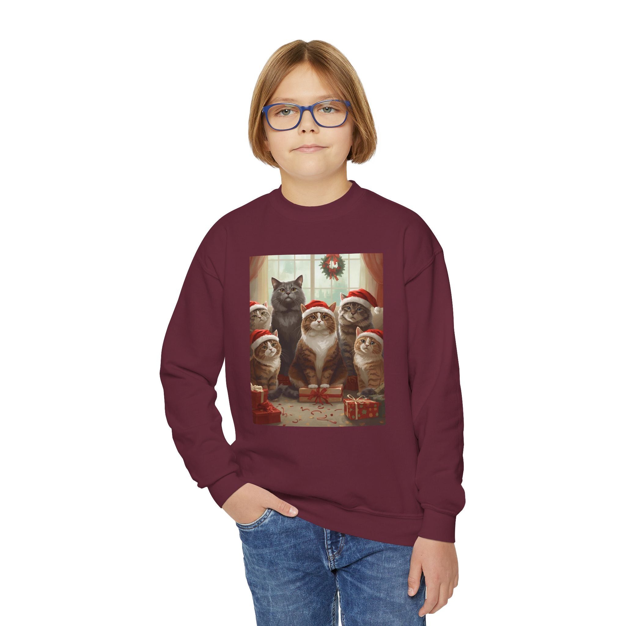 Cute Festive Christmas Cat Youth Crewneck Sweatshirt