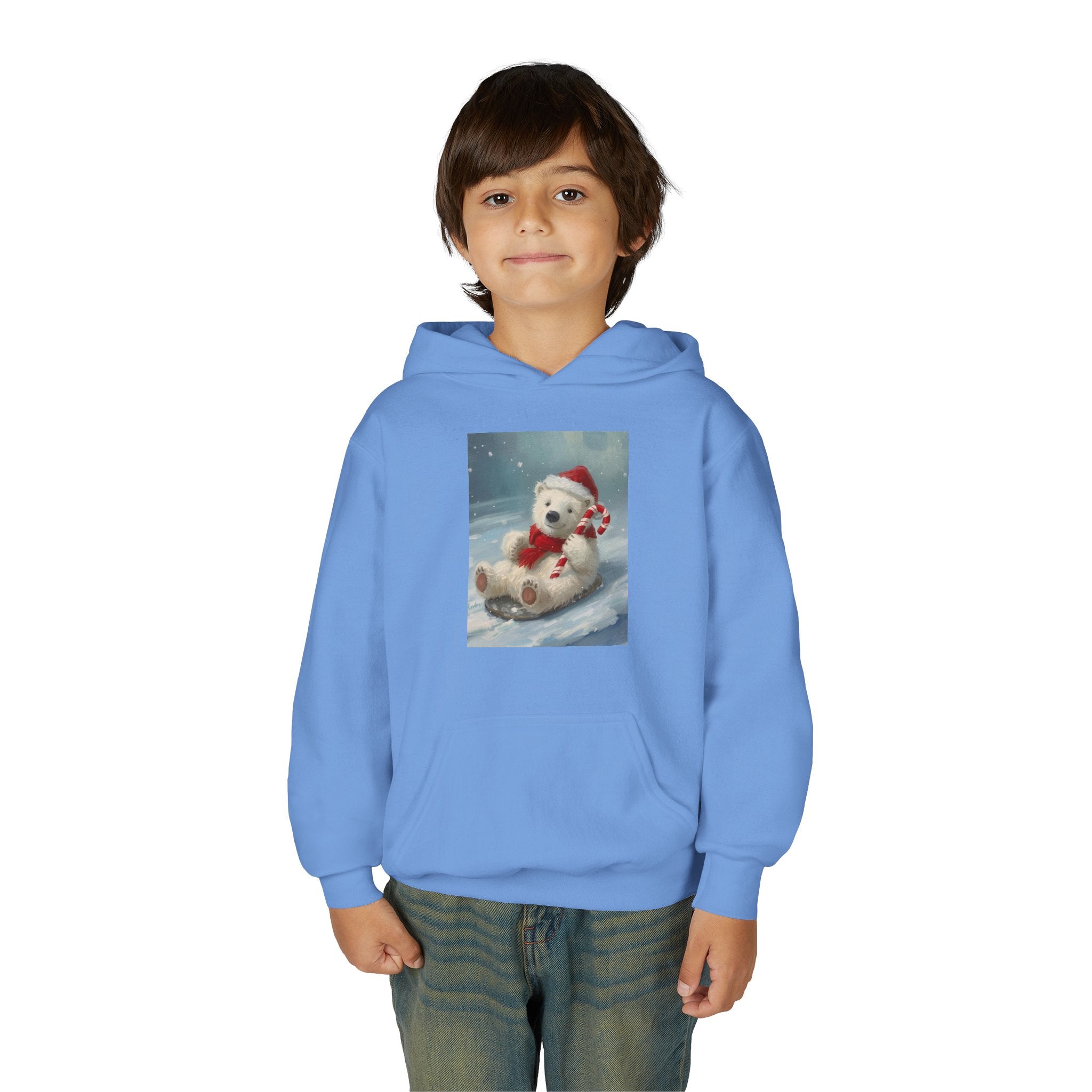 Cozy Christmas Bear Youth Hooded Sweatshirt, Winter Hoodie, Holiday Gift, Cute Sweatshirt for Kids, Festive Apparel