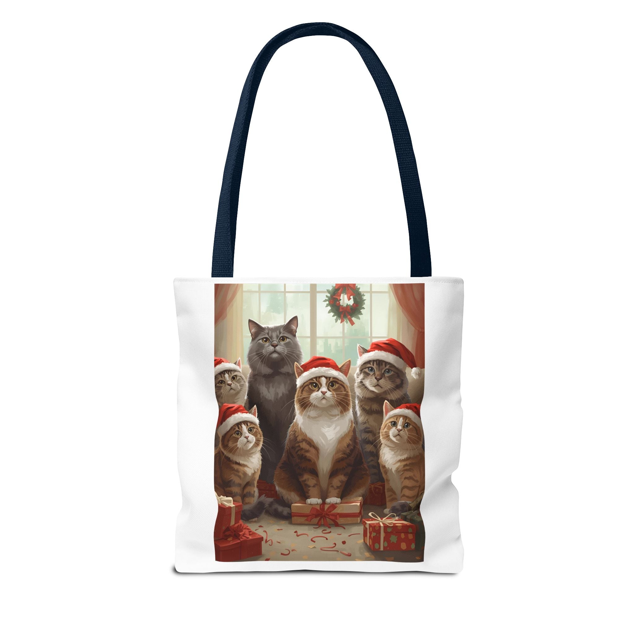 Cute Christmas Festive Cat Tote Bag, Christmas Gift, Holiday Shopping Bag, Cute Cat Lover Bag, AOP Tote for Cat Enthusiasts