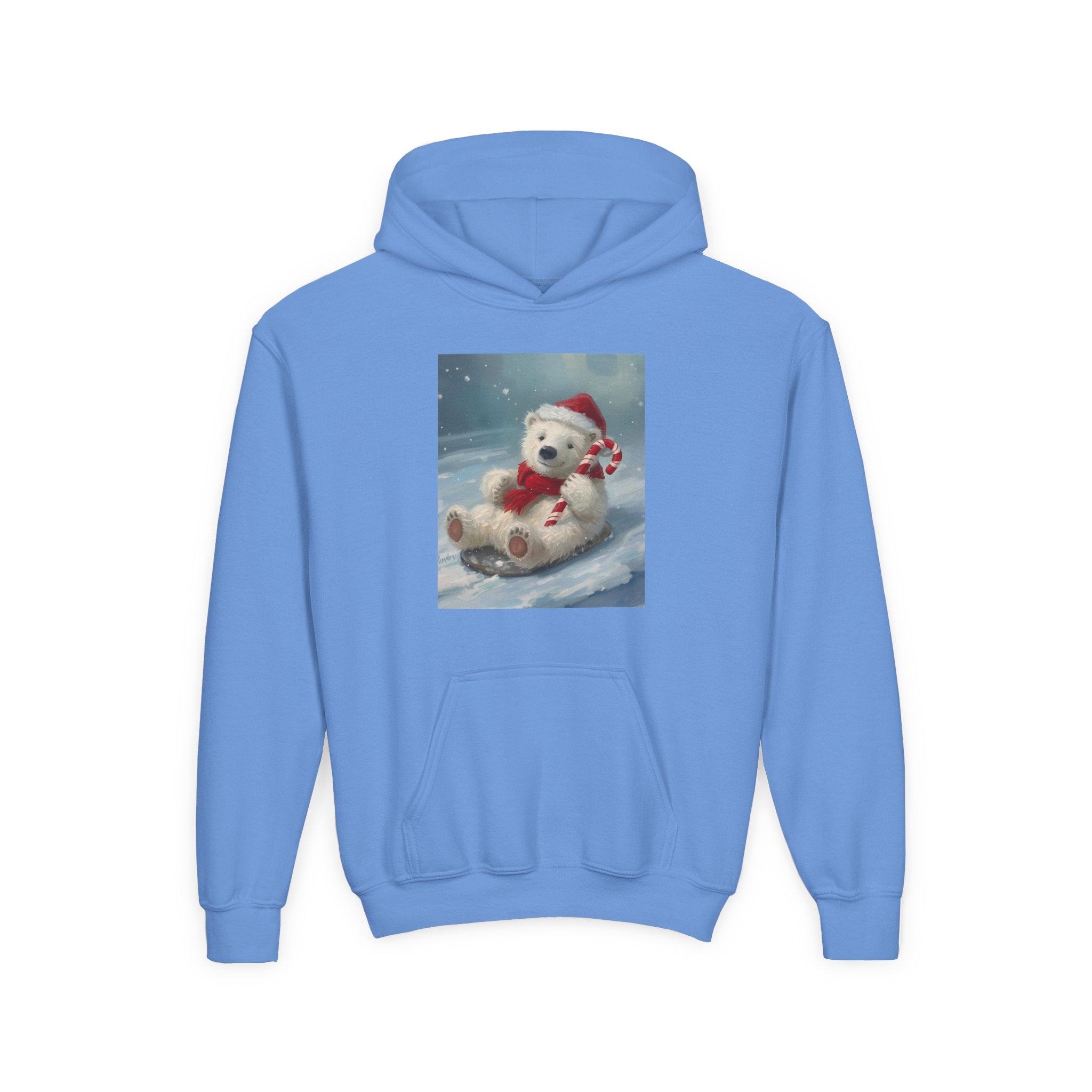 Cozy Christmas Bear Youth Hooded Sweatshirt, Winter Hoodie, Holiday Gift, Cute Sweatshirt for Kids, Festive Apparel