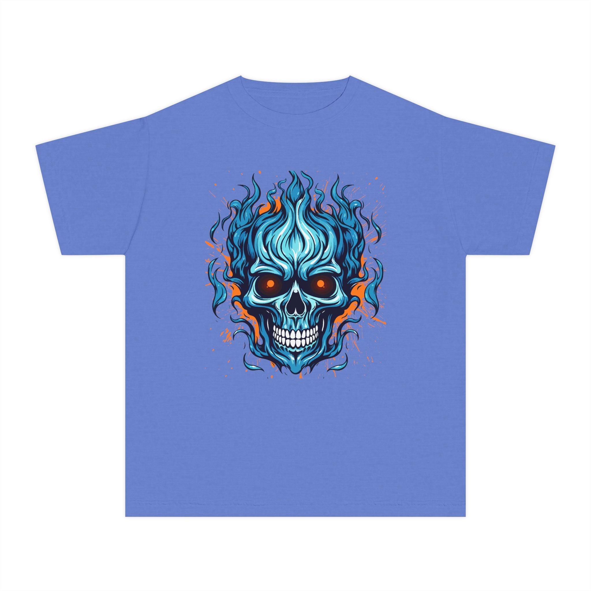 Skull Flame Youth Graphic Skull Tee, Cool Teen Fashion, Edgy Summer Wear, Halloween Costume, Unique Gift for Kids, Casual Everyday Style
