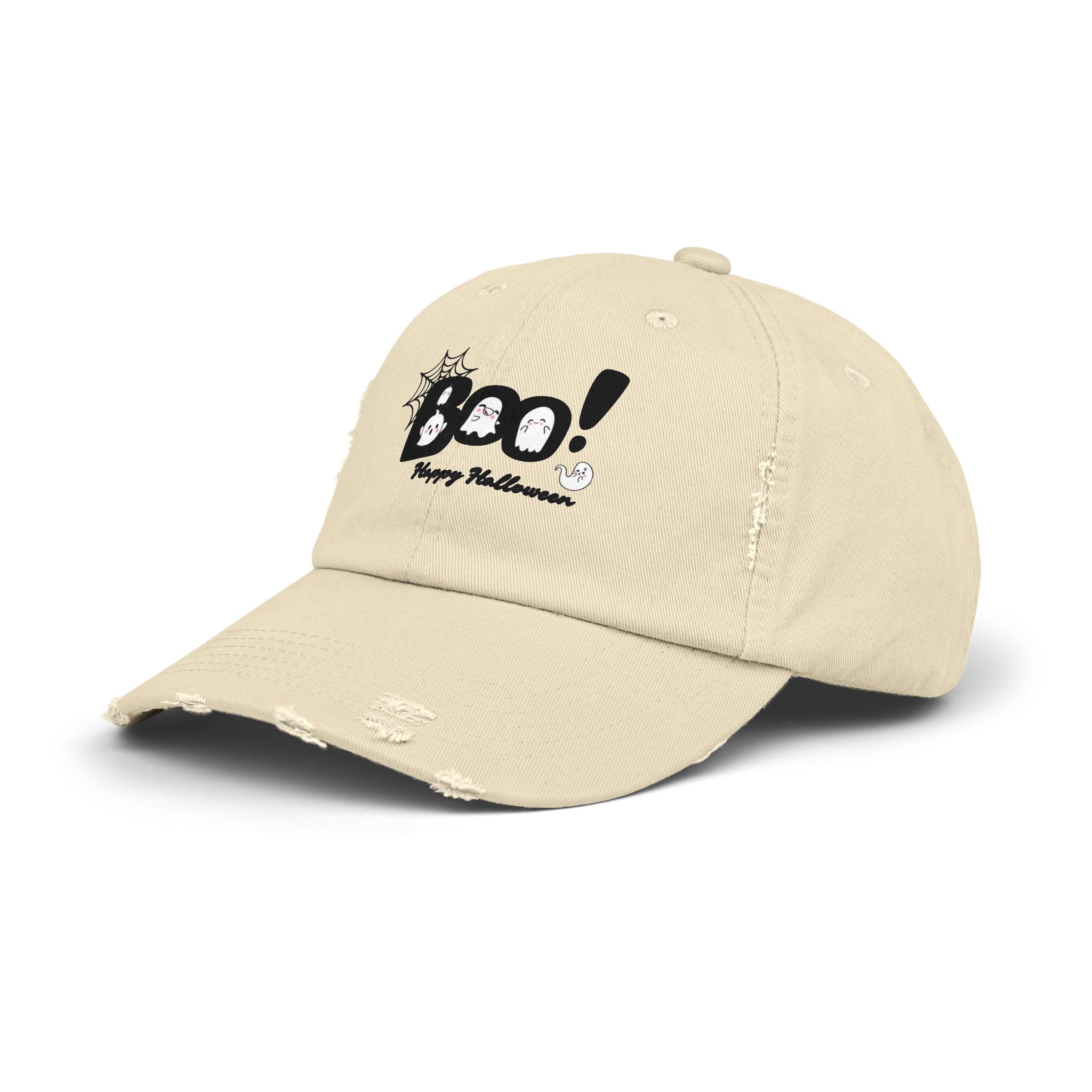 Halloween Boo Distressed Cap, Trendy Unisex Hat, Spooky Accessory, Fall Fashion, Casual Wear, Gift for Halloween Enthusiasts