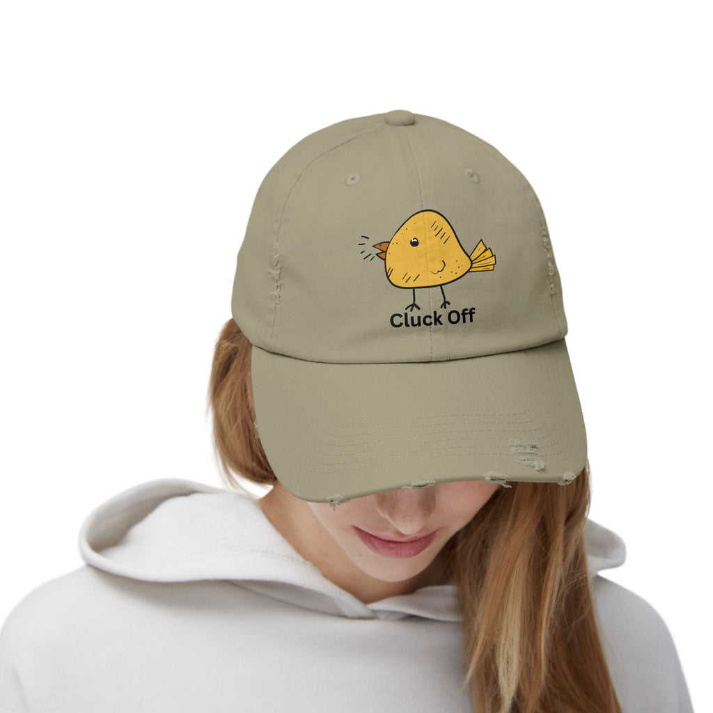 Quirky Distressed Cap with 'Cluck Off' Design - Fun Gift for Bird Lovers, Casual Wear, Summer Accessory, Unique Hat, Funny Cap