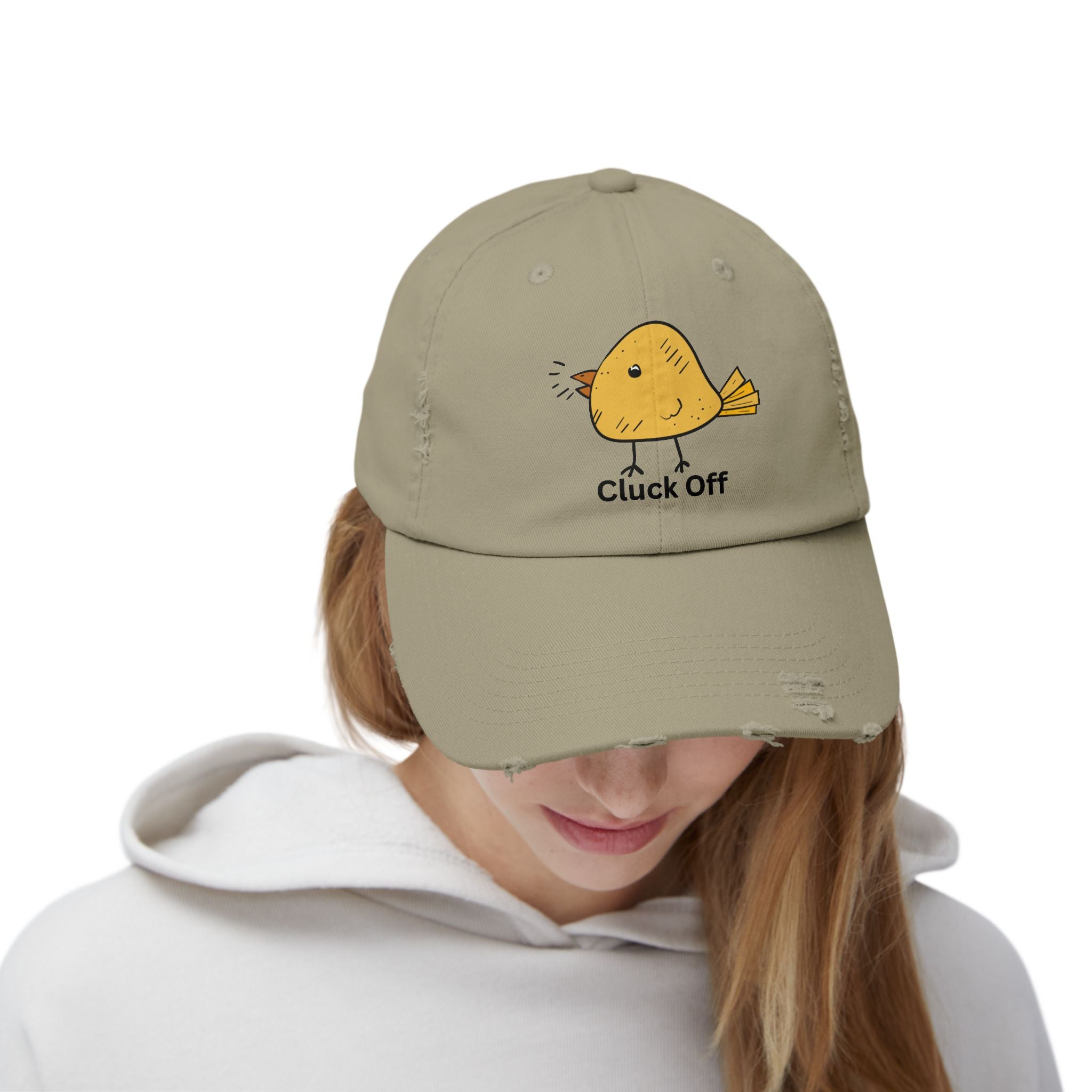 Quirky Distressed Cap with 'Cluck Off' Design - Fun Gift for Bird Lovers, Casual Wear, Summer Accessory, Unique Hat, Funny Cap