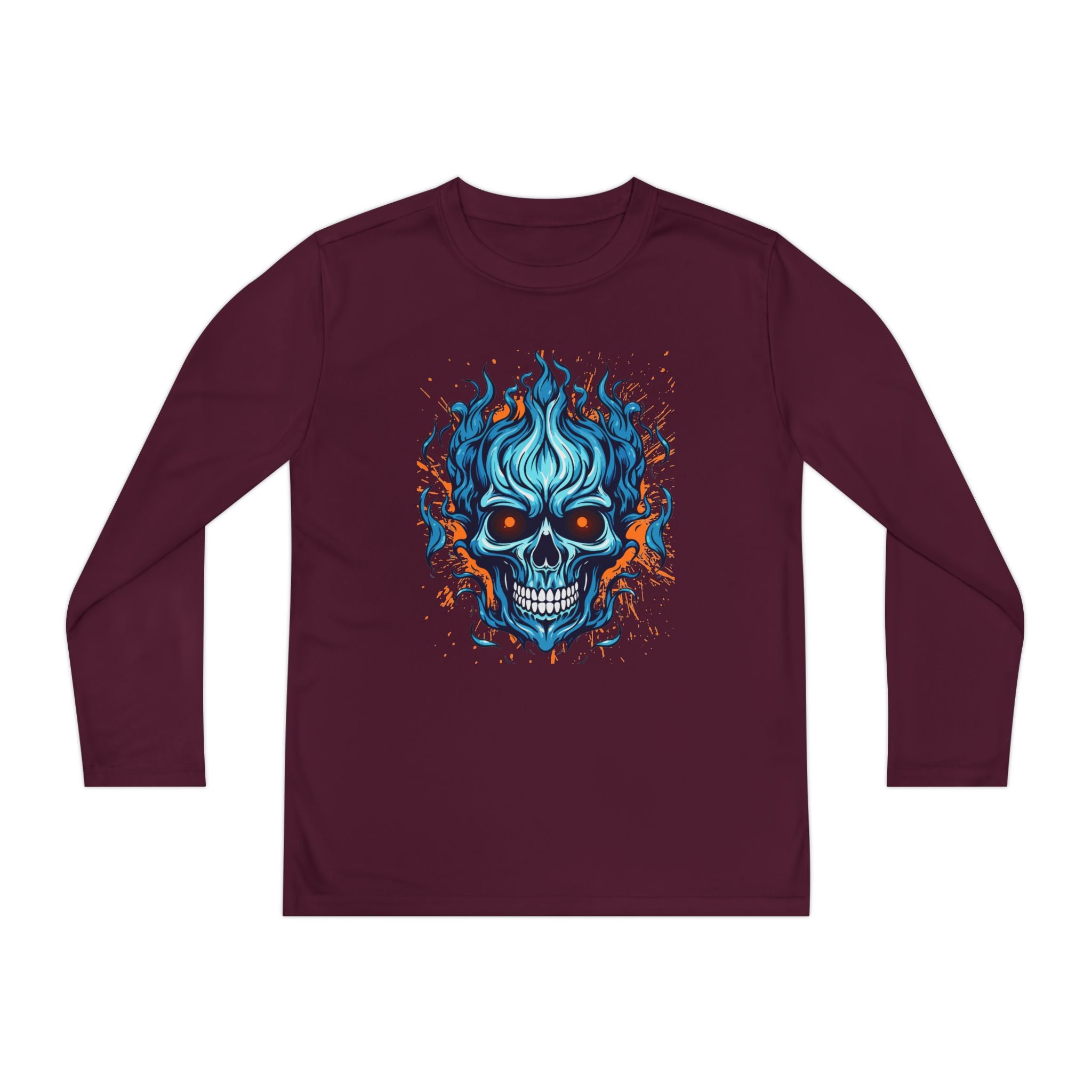 Skull Flame Youth Long Sleeve Skull Tee, Perfect for Halloween, Edgy Gift for Teens, Cozy Casual Wear, Skull Art Graphic Tee, Unique Birthday Present
