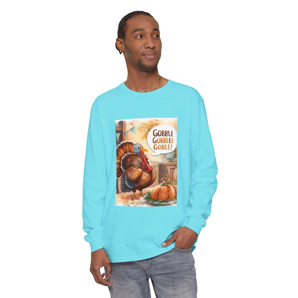 Thanksgiving Long Sleeve T-Shirt with Turkey Design, Fall Apparel, Holiday Gift, Family Gathering Shirt, Gobble Gobble Tee