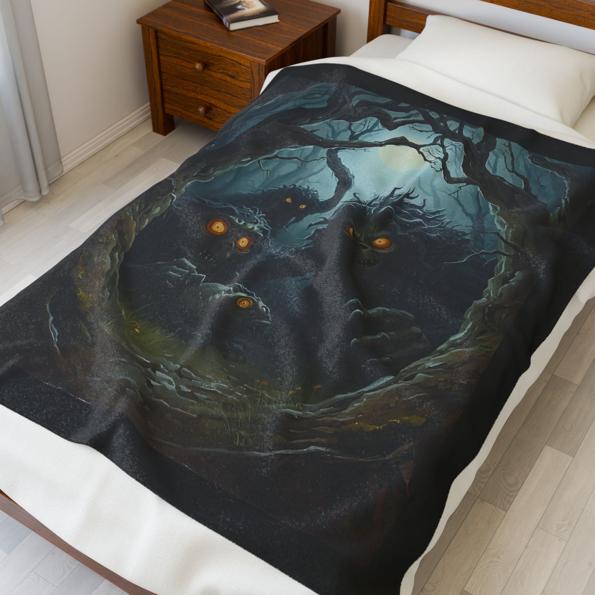 Enchanted Forest Velveteen Plush Blanket, Cozy Home Décor, Gift for Nature Lovers, Halloween Cozy Throw, Soft Blanket for All Seasons