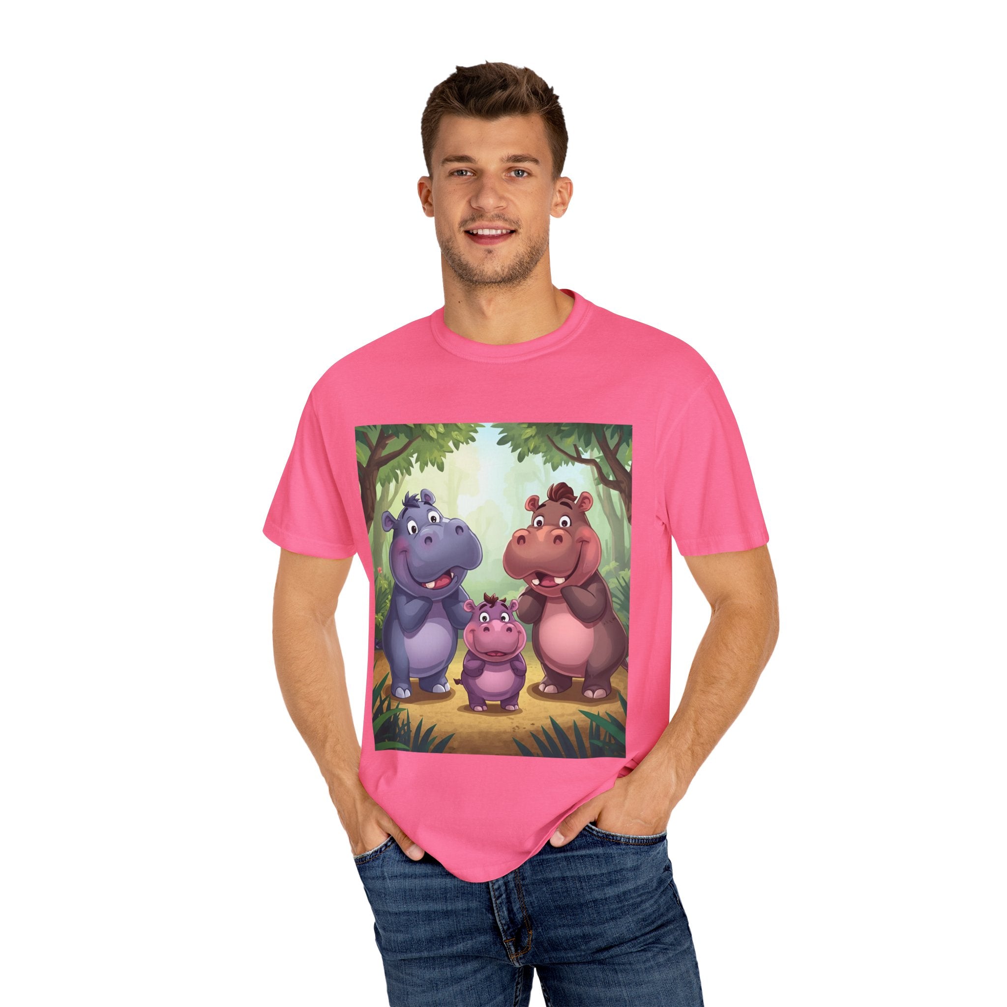 Cute Hippo Family T-Shirt, Unisex Garment-Dyed Tee, Animal Lovers Gift, Kids & Adults, Birthday, Family Reunion, Casual Wear