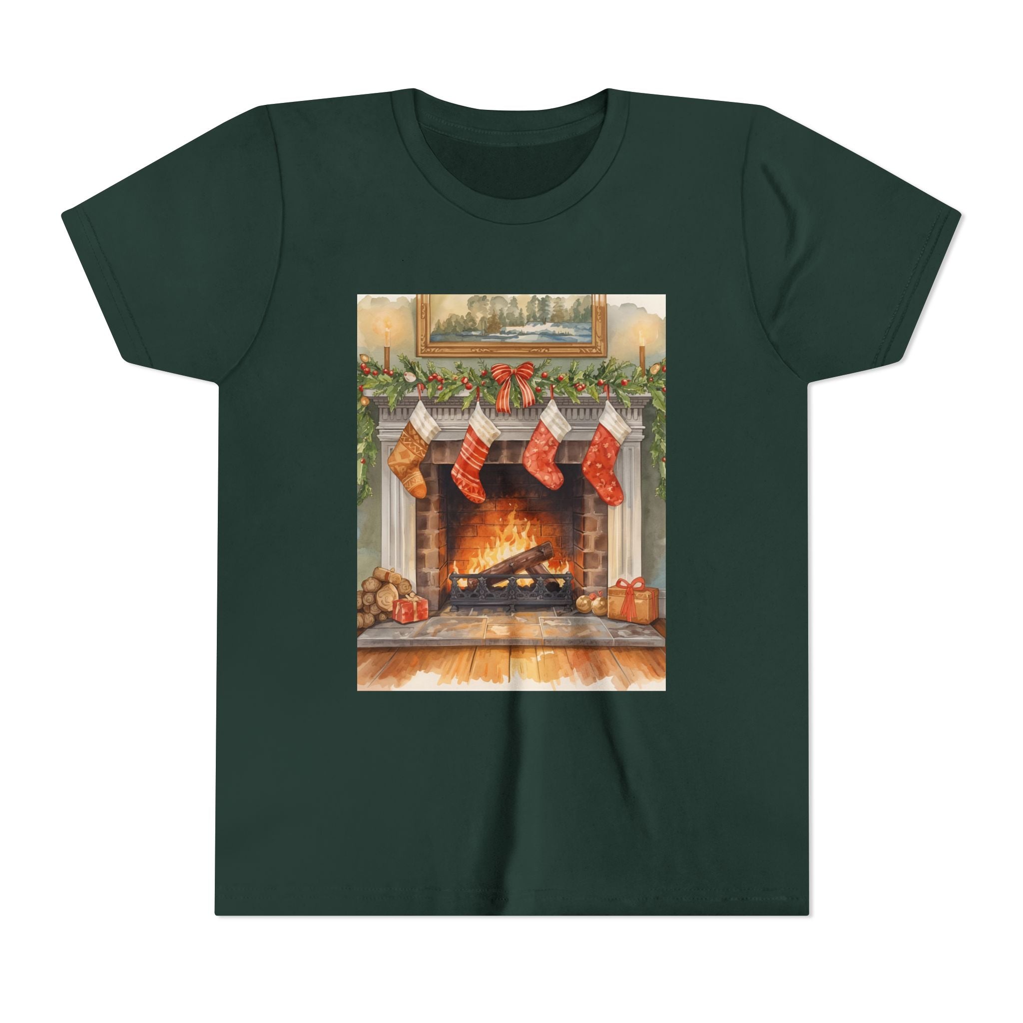 Christmas Stocking Fireplace Youth Short Sleeve Tee
