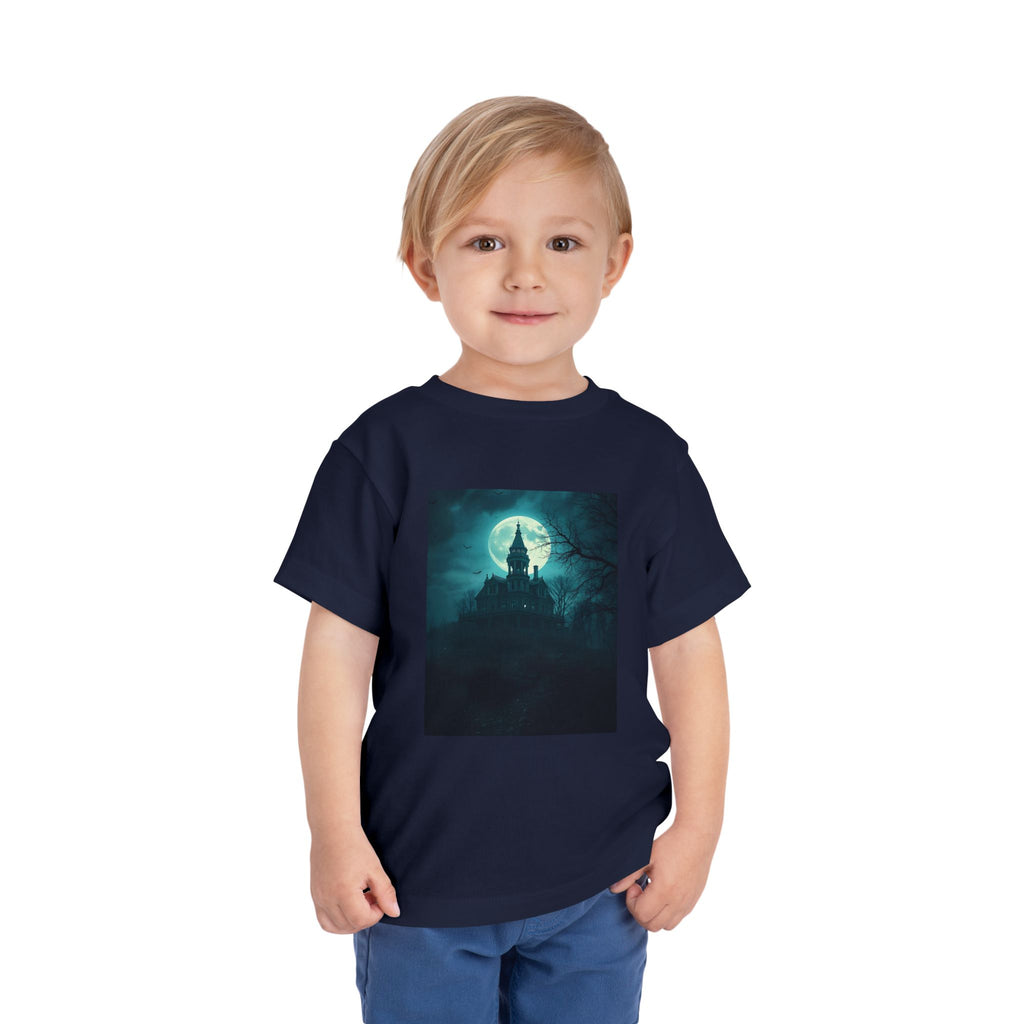 Haunted Moonlight Toddler Halloween Short Sleeve Tee, Ghostly Castle Shirt, Spooky Toddler Tee, Kids Halloween Costume Top, Fall Festivity Apparel