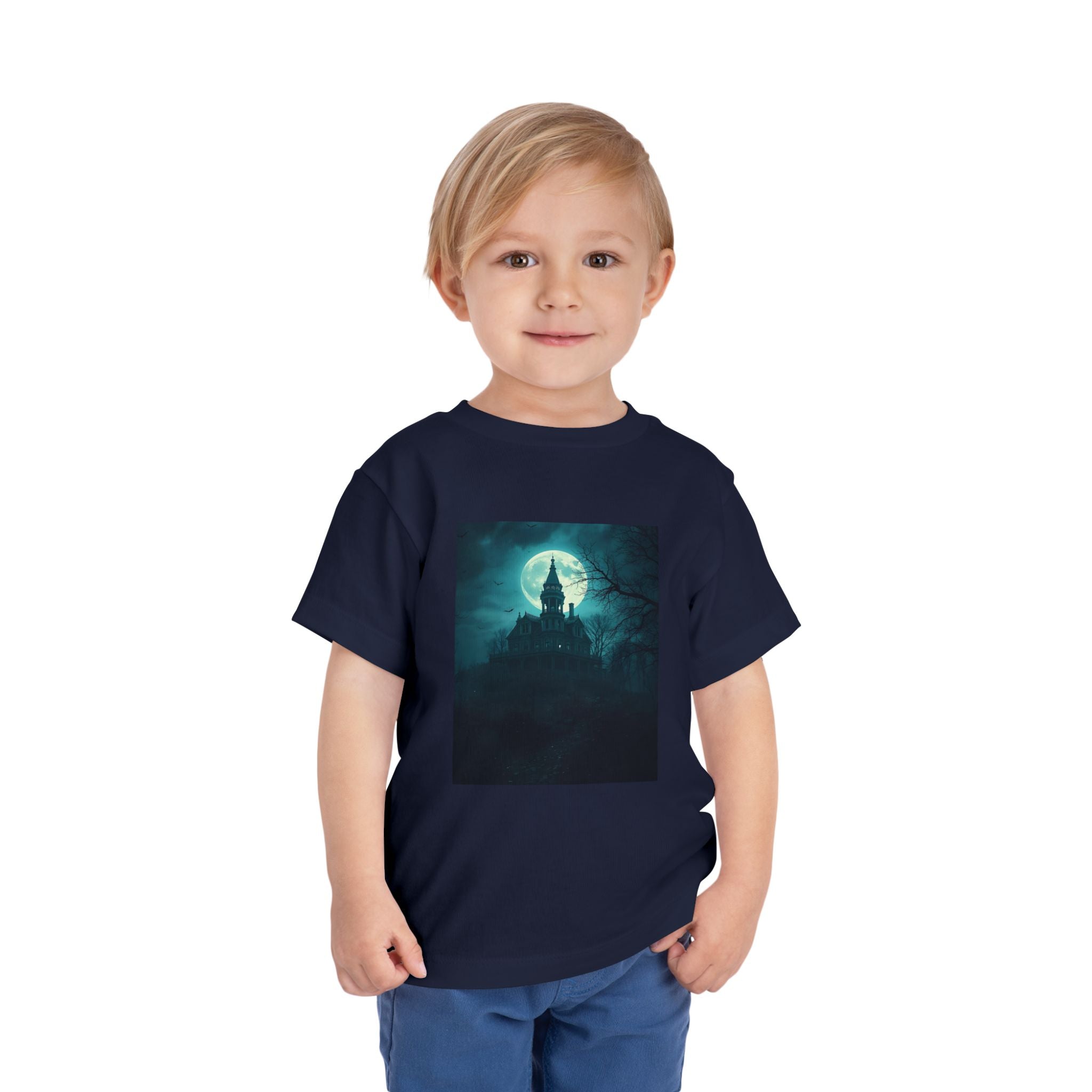 Haunted Moonlight Toddler Halloween Short Sleeve Tee, Ghostly Castle Shirt, Spooky Toddler Tee, Kids Halloween Costume Top, Fall Festivity Apparel