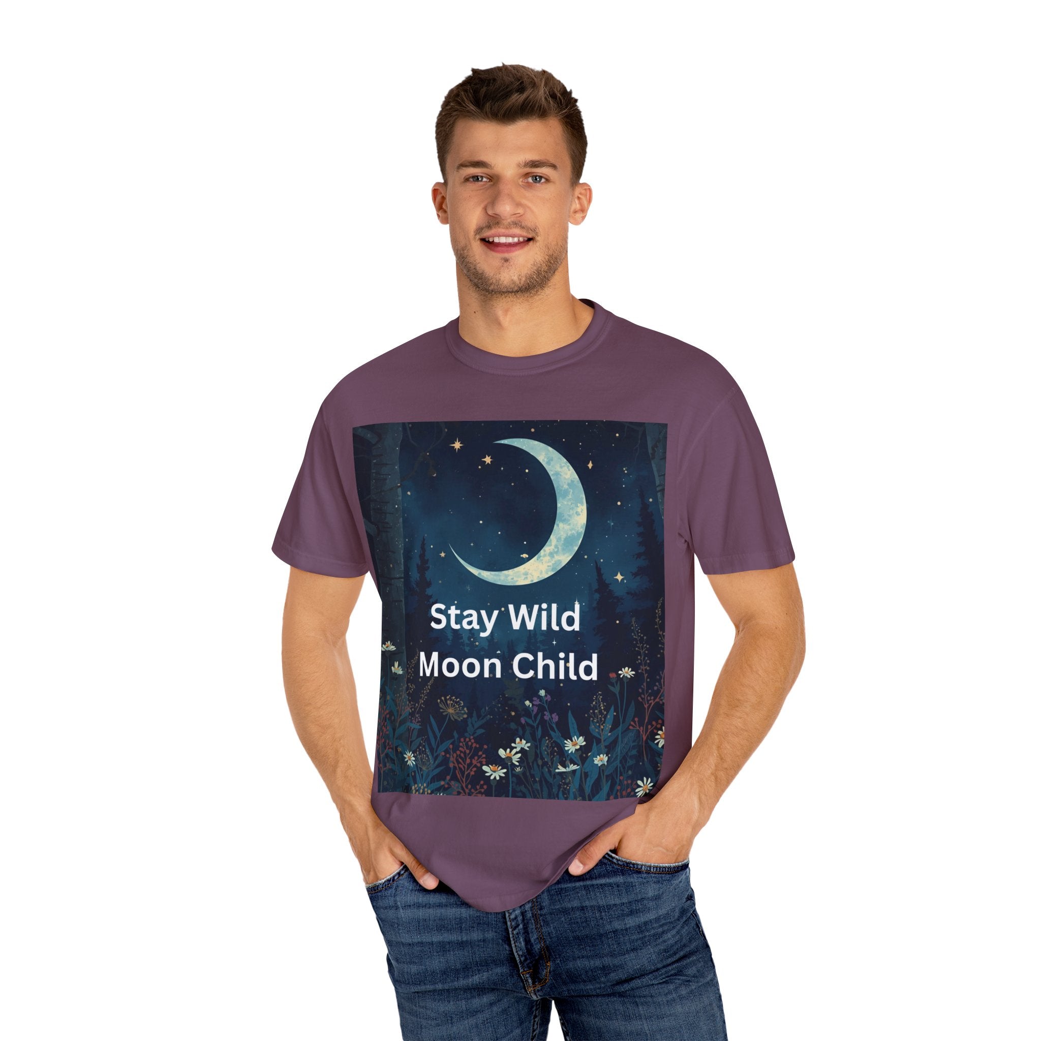 Stay Wild Moon Child Garment-Dyed T-Shirt | Unisex Graphic Tee for Nature Lovers, Boho Style, Gift for Friends, Eco-Friendly Fashion