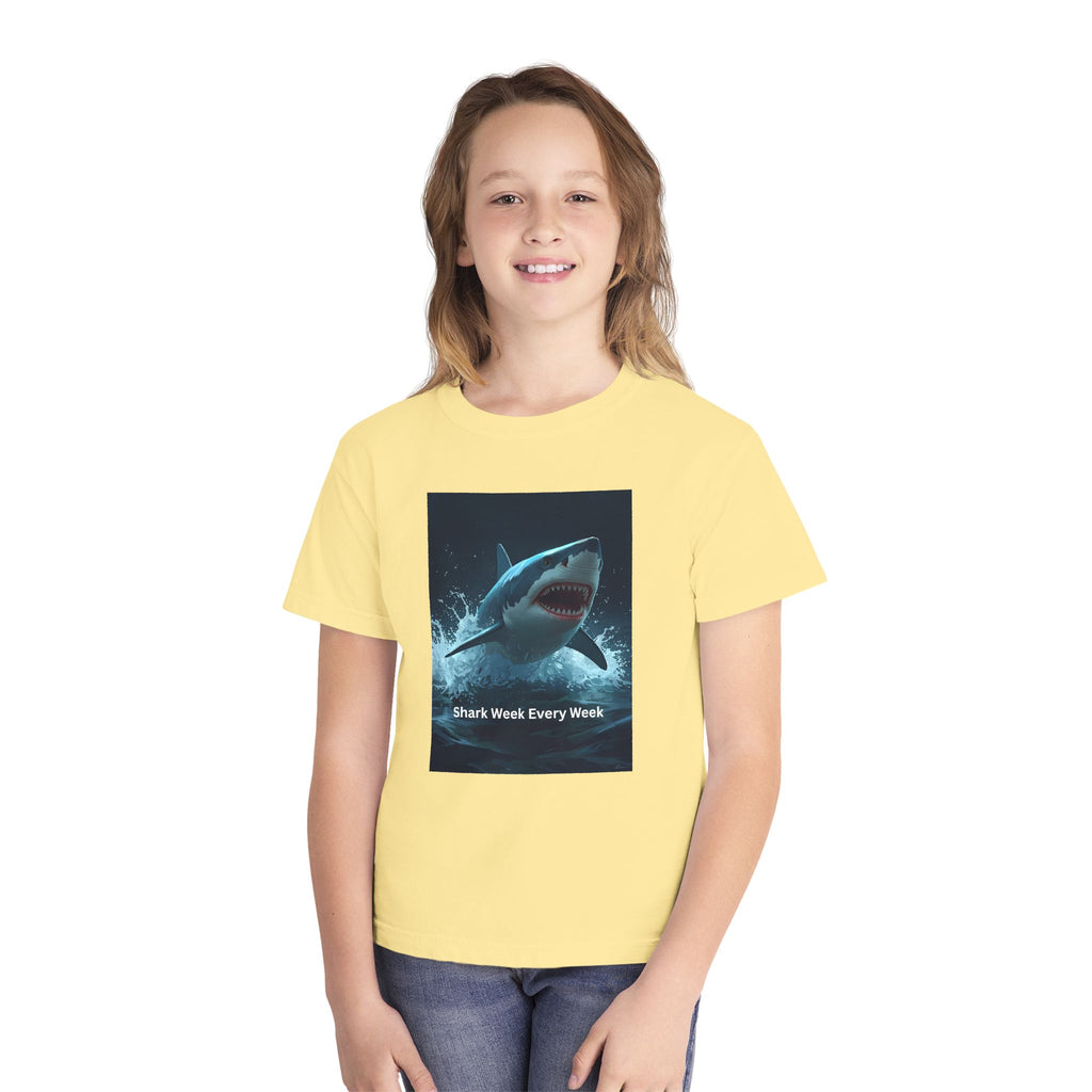 Shark Week Youth Tee, Fun Shark Graphic Shirt, Kids Summer Apparel, Ocean Lover Gift, Beach Party Clothing