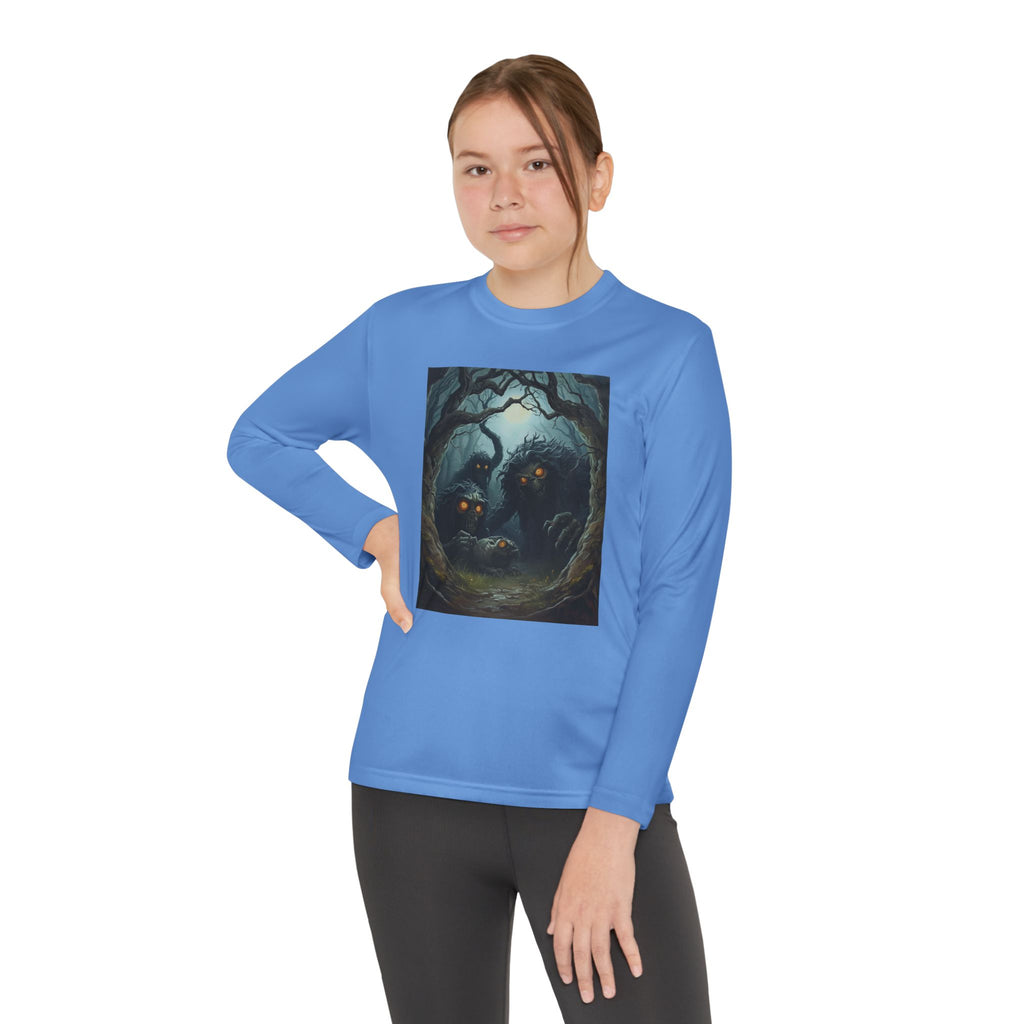 Spooky Forest Creatures Youth Long Sleeve Tee with Enchanted Forest Design, Comfortable Unisex T-Shirt for All Seasons, Perfect for Halloween and Nature Lovers