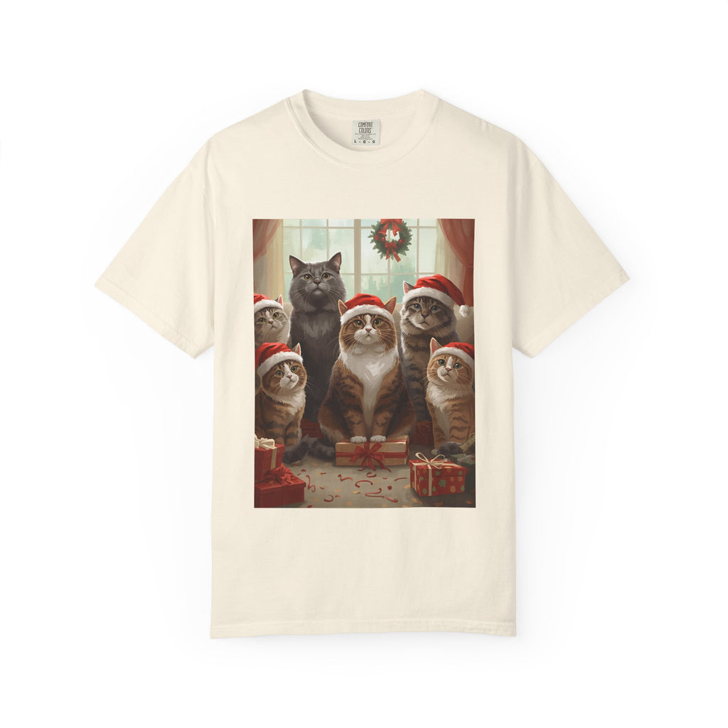 Cute Festive Funny Christmas Cat T-Shirt, Holiday Gift for Cat Lovers, Cute Tee for Winter, Unisex Garment-Dyed Shirt, Christmas Apparel, Festive Outfit