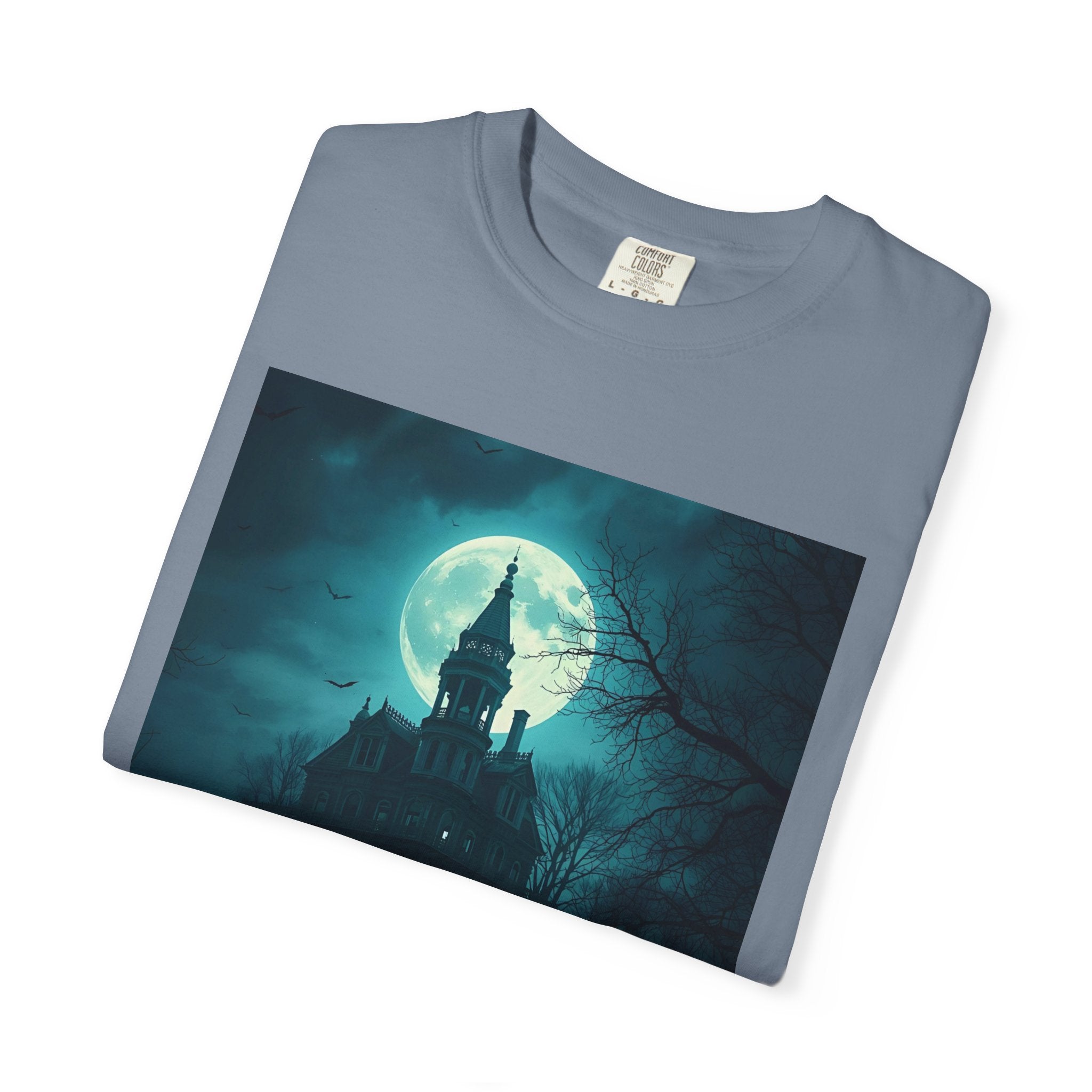 Haunted Moonlight Spooky Castle Graphic Tee | Unisex Garment-Dyed T-shirt, Halloween Shirt, Graphic Tee, Casual Wear, Gift for Ghost Lovers