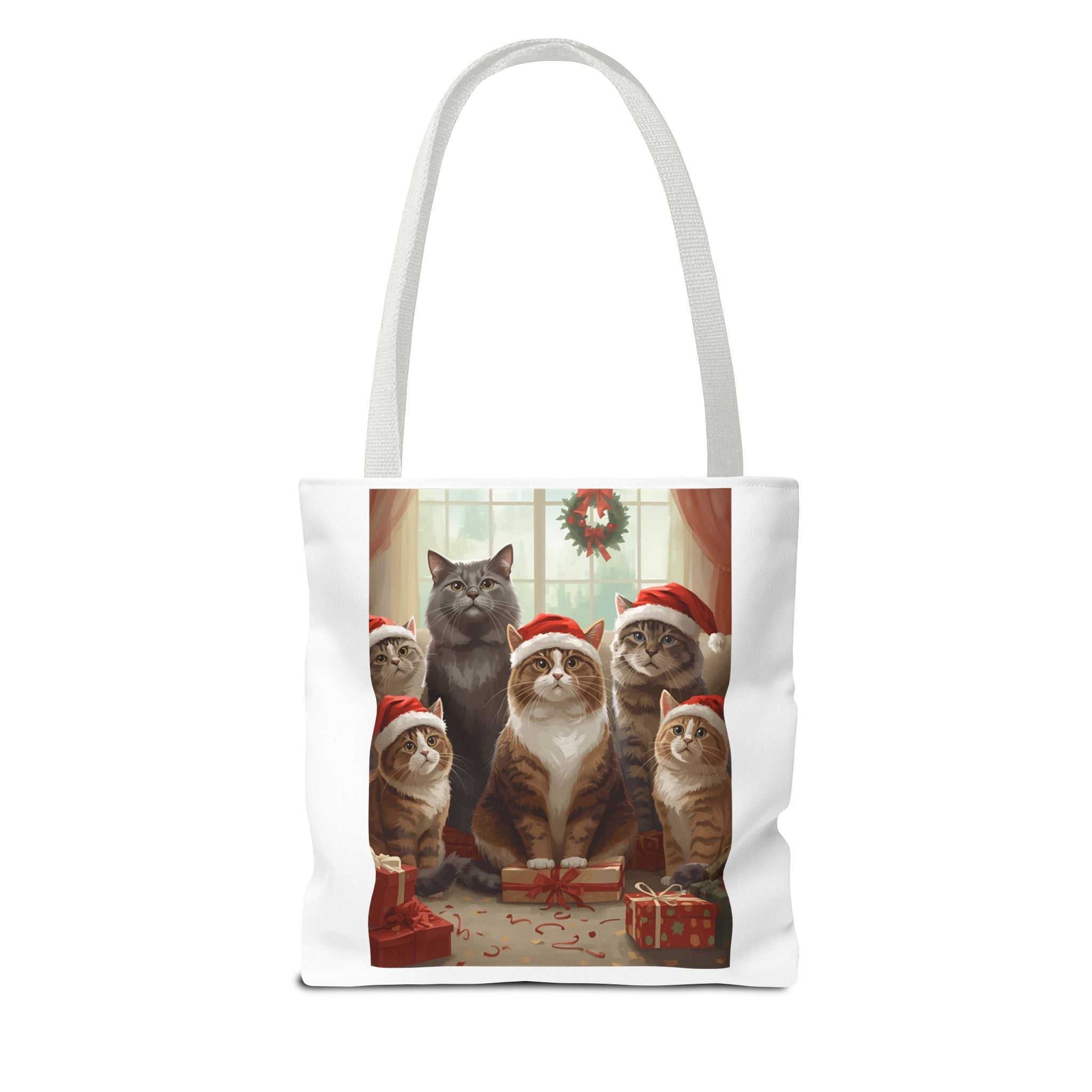 Cute Christmas Festive Cat Tote Bag, Christmas Gift, Holiday Shopping Bag, Cute Cat Lover Bag, AOP Tote for Cat Enthusiasts