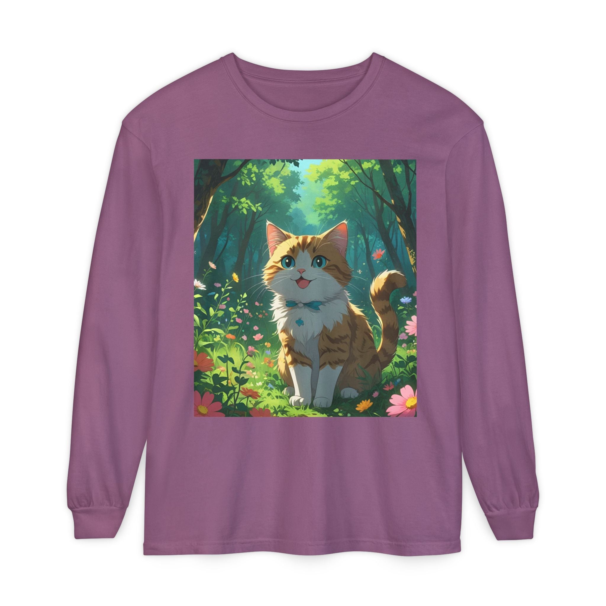 Whimsical Cat In Forest Long Sleeve T-Shirt - Perfect for Cat Lovers, Nature Enthusiasts, Gifts, Cozy Wear, Everyday Style