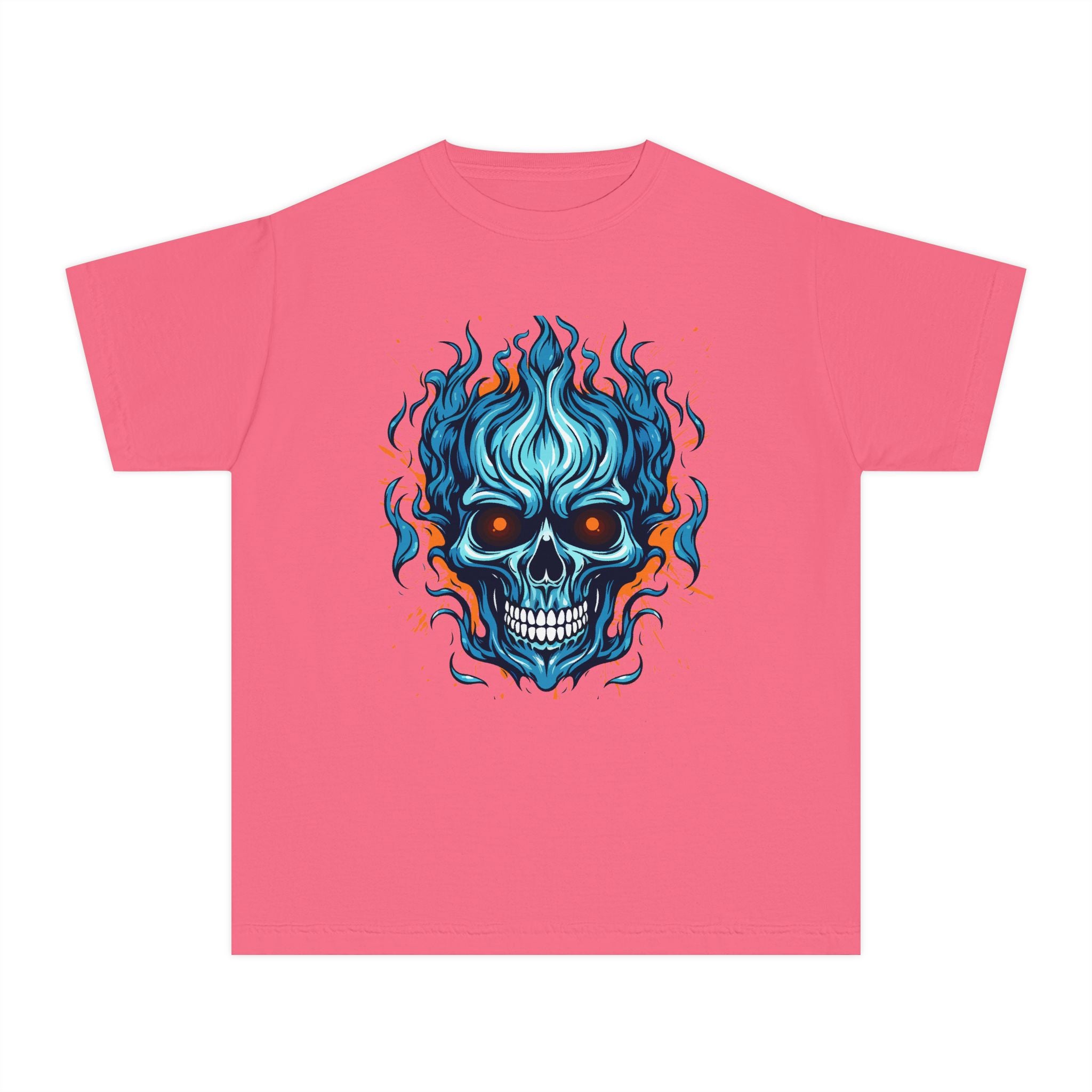 Skull Flame Youth Graphic Skull Tee, Cool Teen Fashion, Edgy Summer Wear, Halloween Costume, Unique Gift for Kids, Casual Everyday Style
