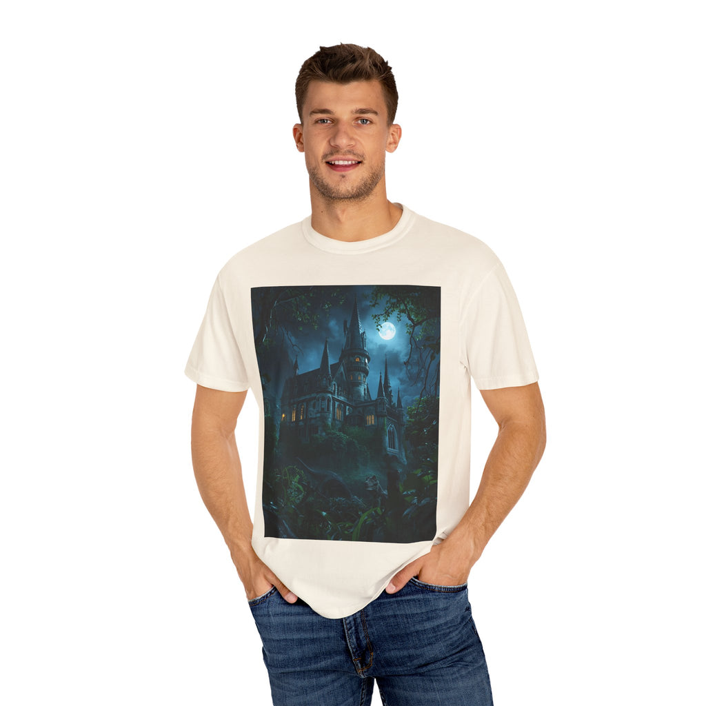 Mystical Night Scene Castle T-Shirt, Spooky Tees, Halloween Apparel, Gothic Style Shirt, Unisex Shirt, Nighttime Scene Tee