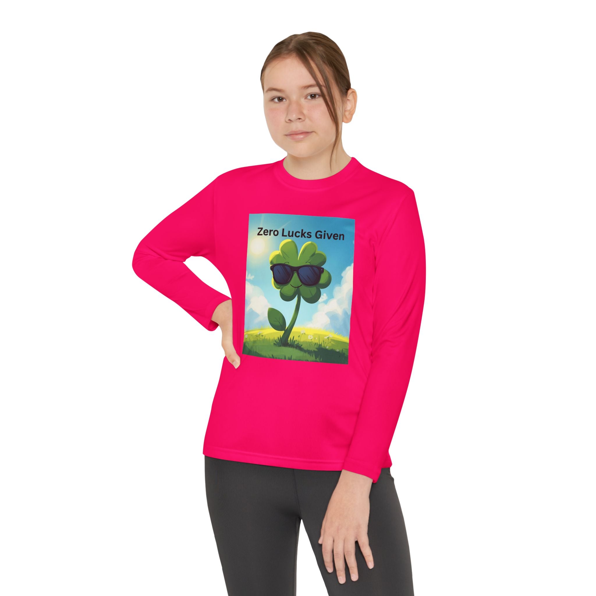 Zero Lucks Given Youth Long Sleeve Tee, Fun Graphic Shirt, Clover Print Top, Gift for Kids, Statement Tee, Birthday Gift