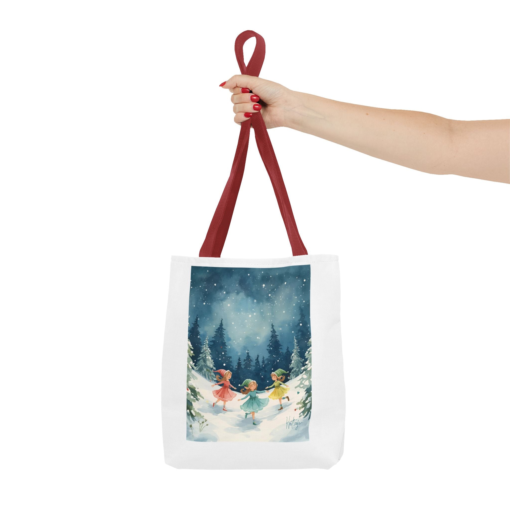 Winter Wonderland Tote Bag, Cute Girls Playing in Snow, AOP Design, Perfect for Gifts, Seasonal Bag, Eco-Friendly Shopping