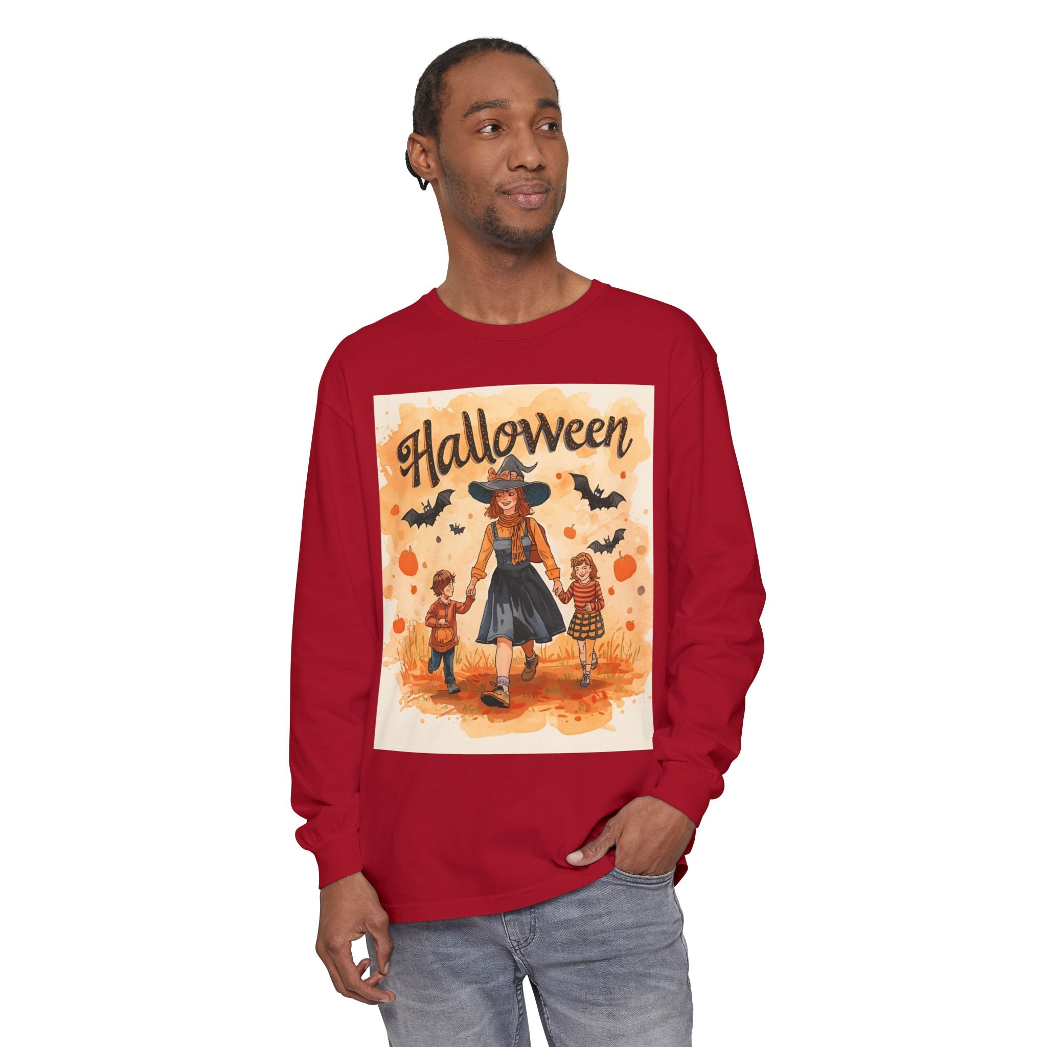 Halloween Themed Mom And Children Unisex Garment-dyed Long Sleeve T-Shirt