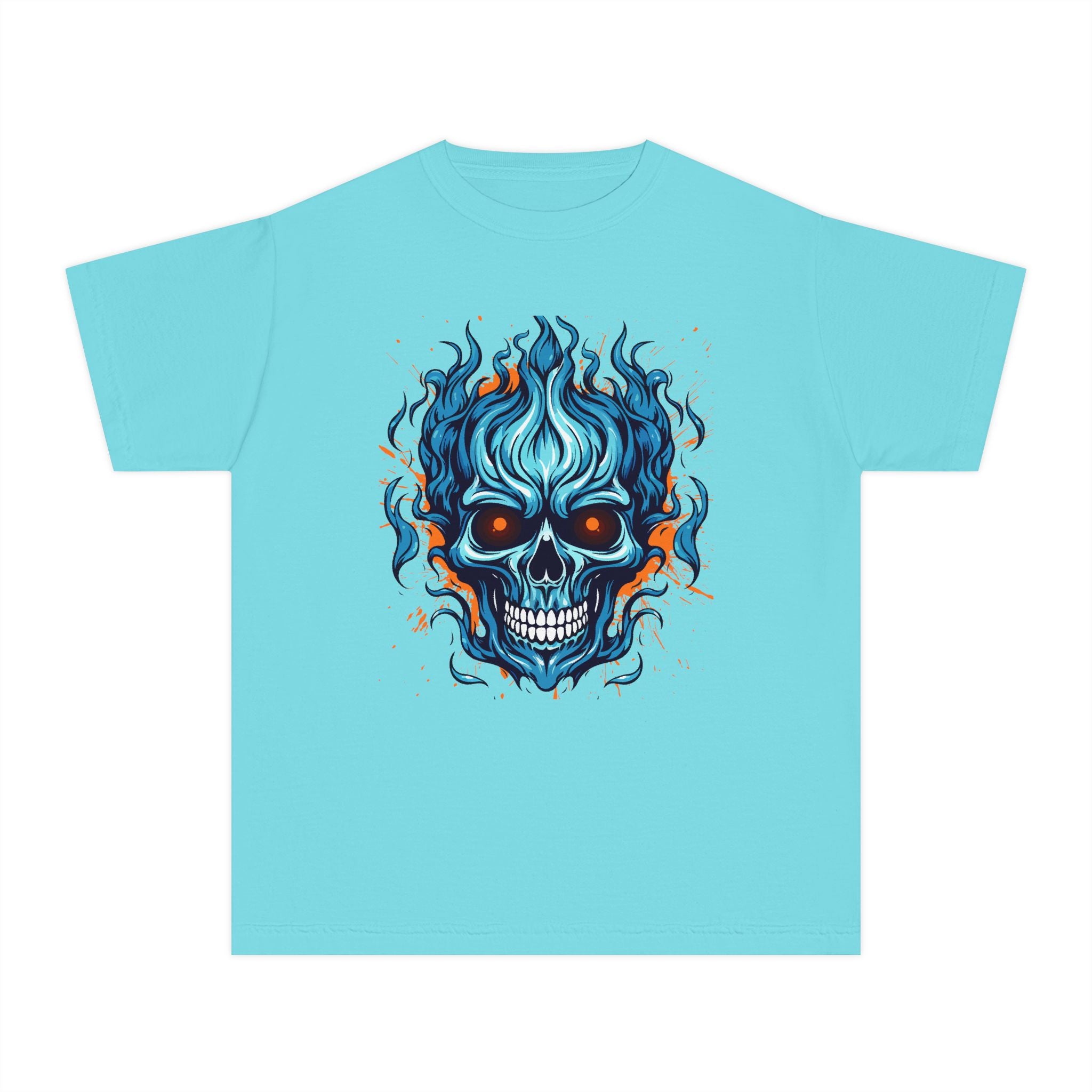 Skull Flame Youth Graphic Skull Tee, Cool Teen Fashion, Edgy Summer Wear, Halloween Costume, Unique Gift for Kids, Casual Everyday Style