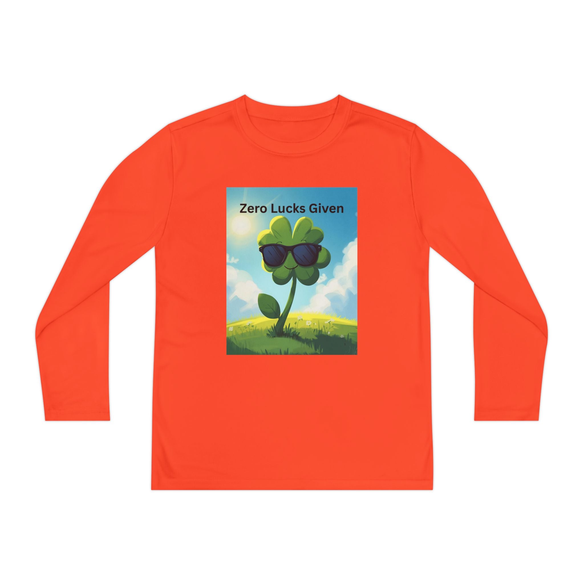 Zero Lucks Given Youth Long Sleeve Tee, Fun Graphic Shirt, Clover Print Top, Gift for Kids, Statement Tee, Birthday Gift