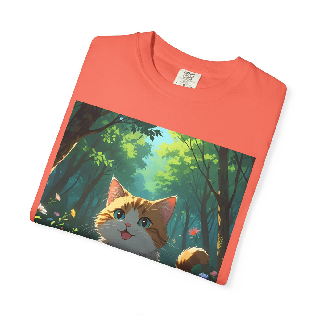 Whimsical Cat In Forest T-Shirt | Nature Lover Gift, Cute Pet Shirt, Animal Art Tee, Summer Outfit, Eco-Friendly Fashion