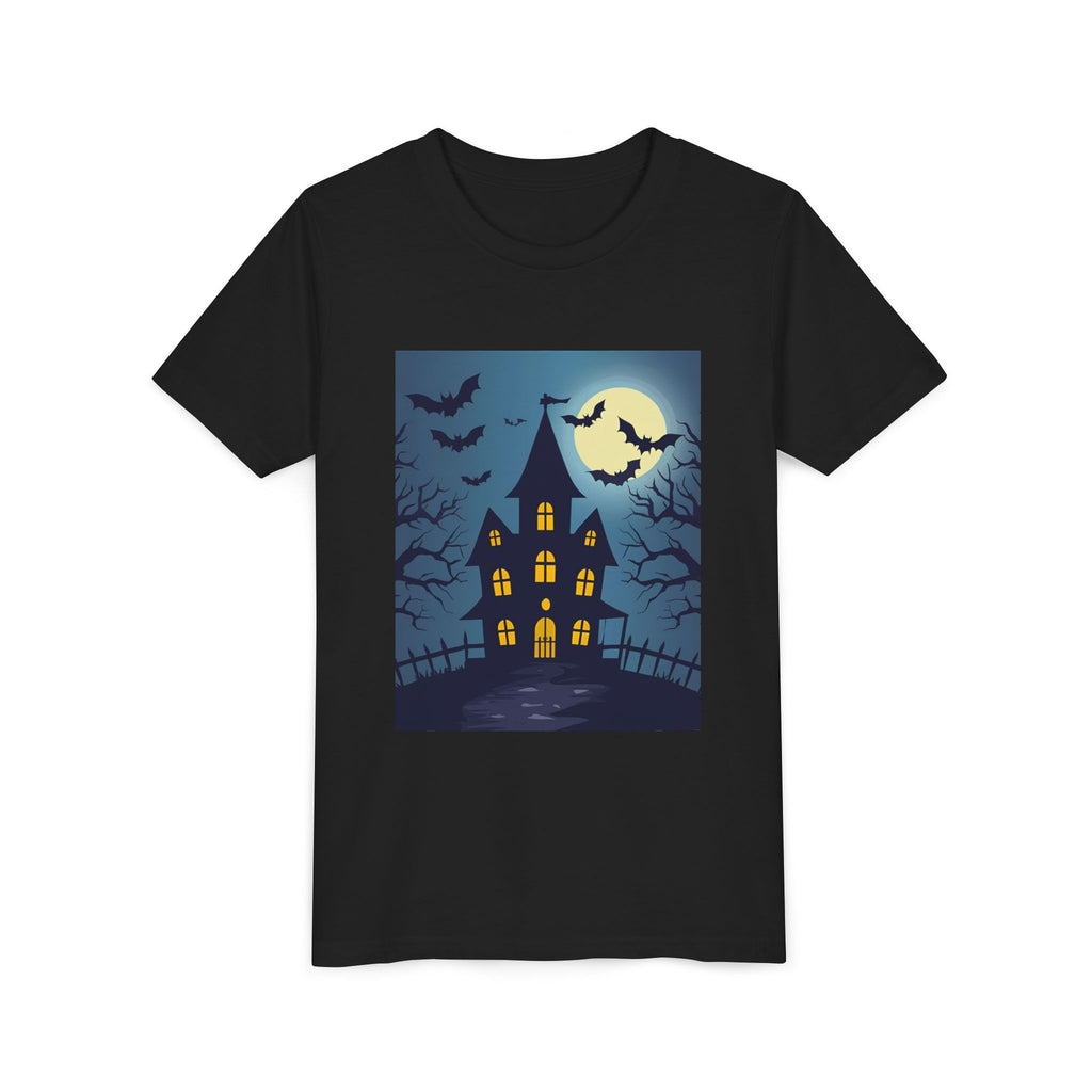 Spooky Halloween Haunted House Youth Tee, Kids Ghost T-Shirt, Haunted House Apparel, Bat Design Shirt, Trick or Treat Clothing