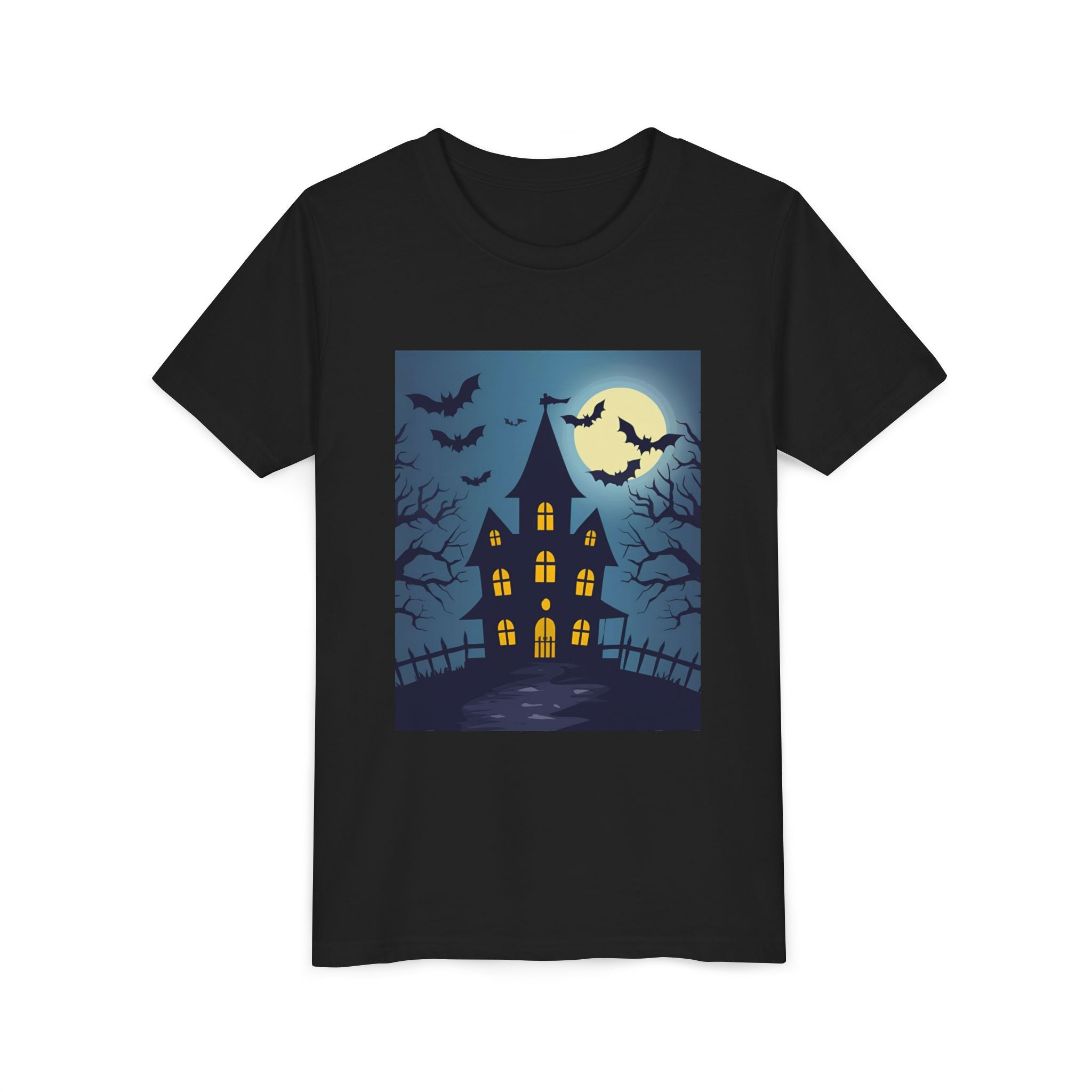 Spooky Halloween Haunted House Youth Tee, Kids Ghost T-Shirt, Haunted House Apparel, Bat Design Shirt, Trick or Treat Clothing