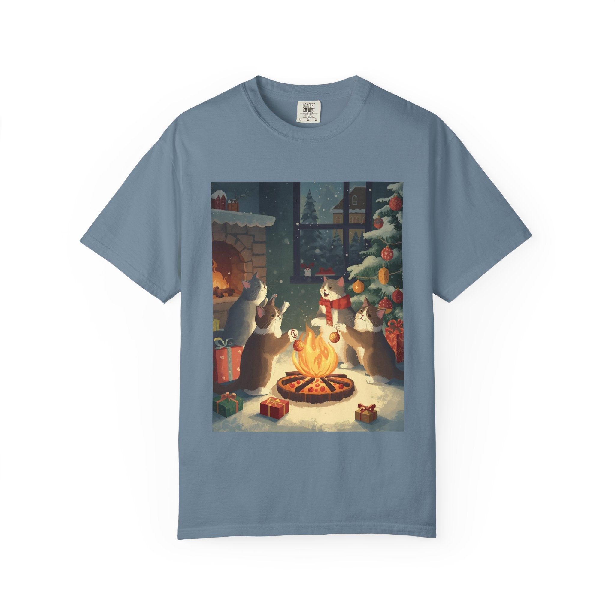 Cozy Winter Cat T-shirt, Unisex Garment-Dyed Shirt, Holiday Gift, Christmas Apparel, Cat Lover Tee, Festive Casual Wear