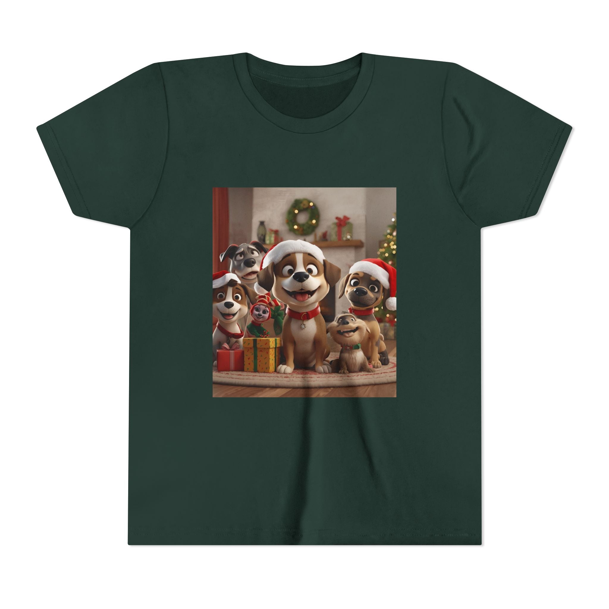 Cute Festive Christmas Dog Youth Short Sleeve Tee