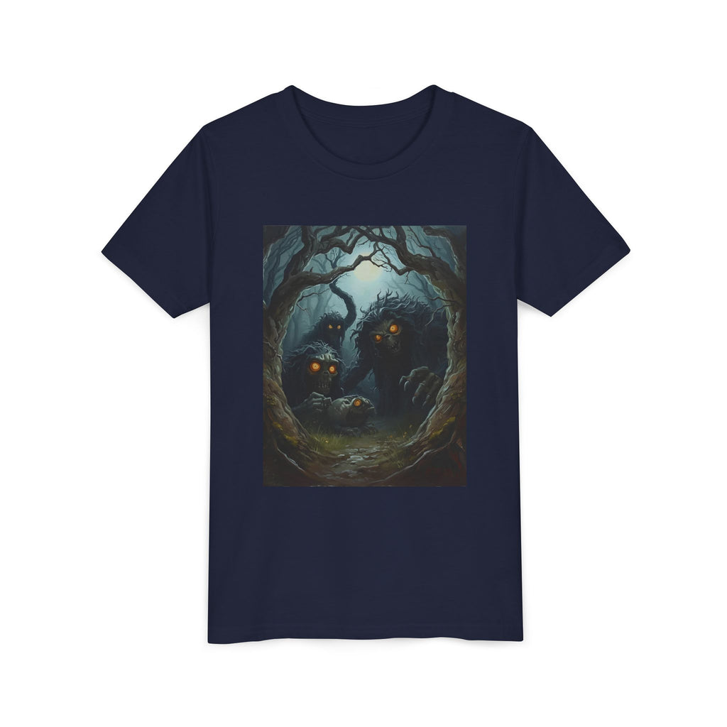 Spooky Mystical Forest Creatures Youth Tee, Cool Graphic T-Shirt, Kids Nature Shirt, Unique Gift for Boys & Girls, Perfect for Halloween